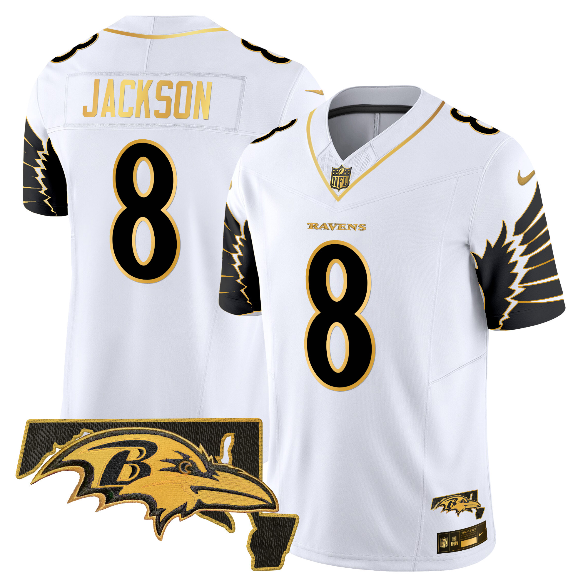 Lamar Jackson Men's Baltimore Ravens Maryland Patch Gold Vapor Limited White Gold Jersey - All Stitched