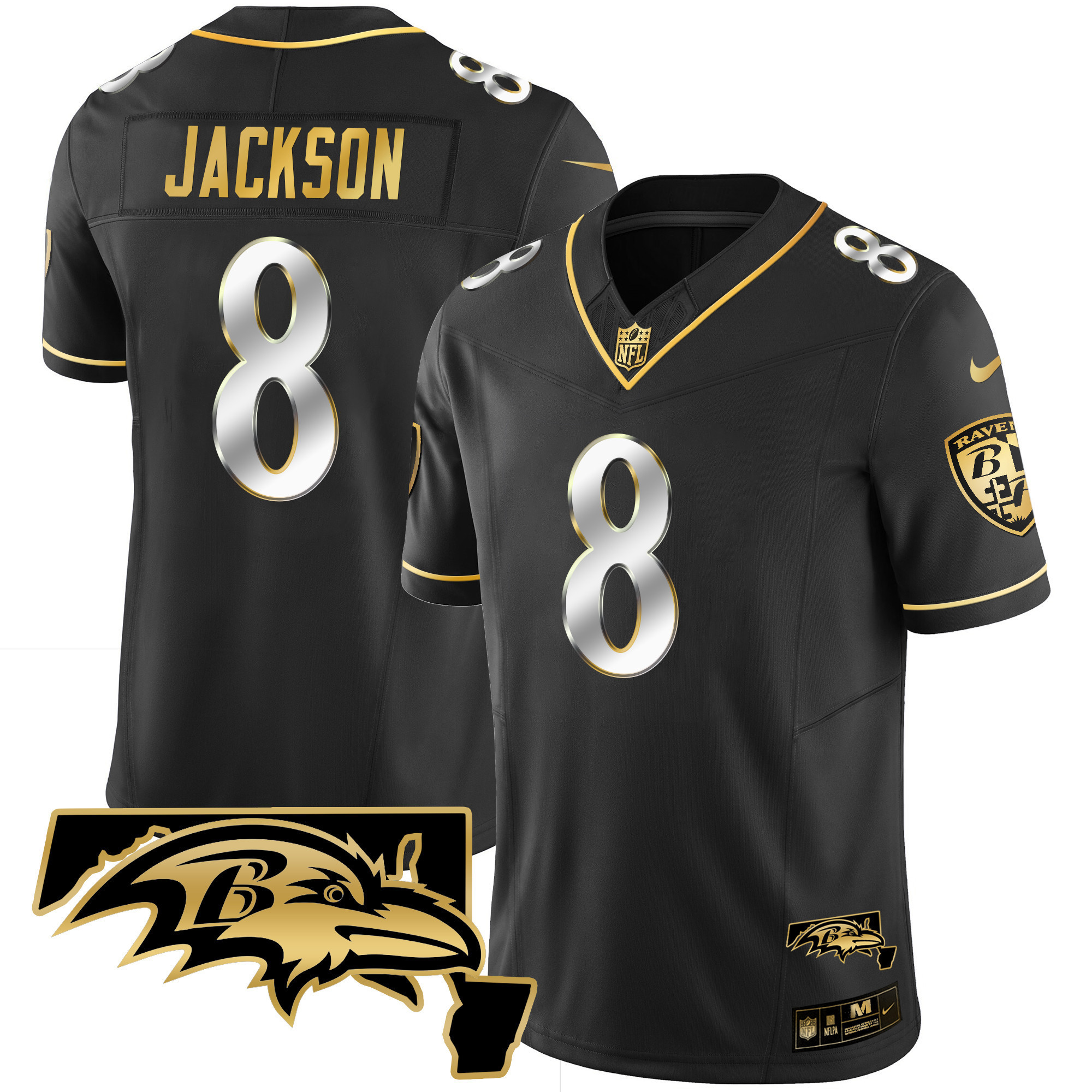 Lamar Jackson Men's Baltimore Ravens Maryland Patch Vapor Gold Black Limited Jersey - All Stitched