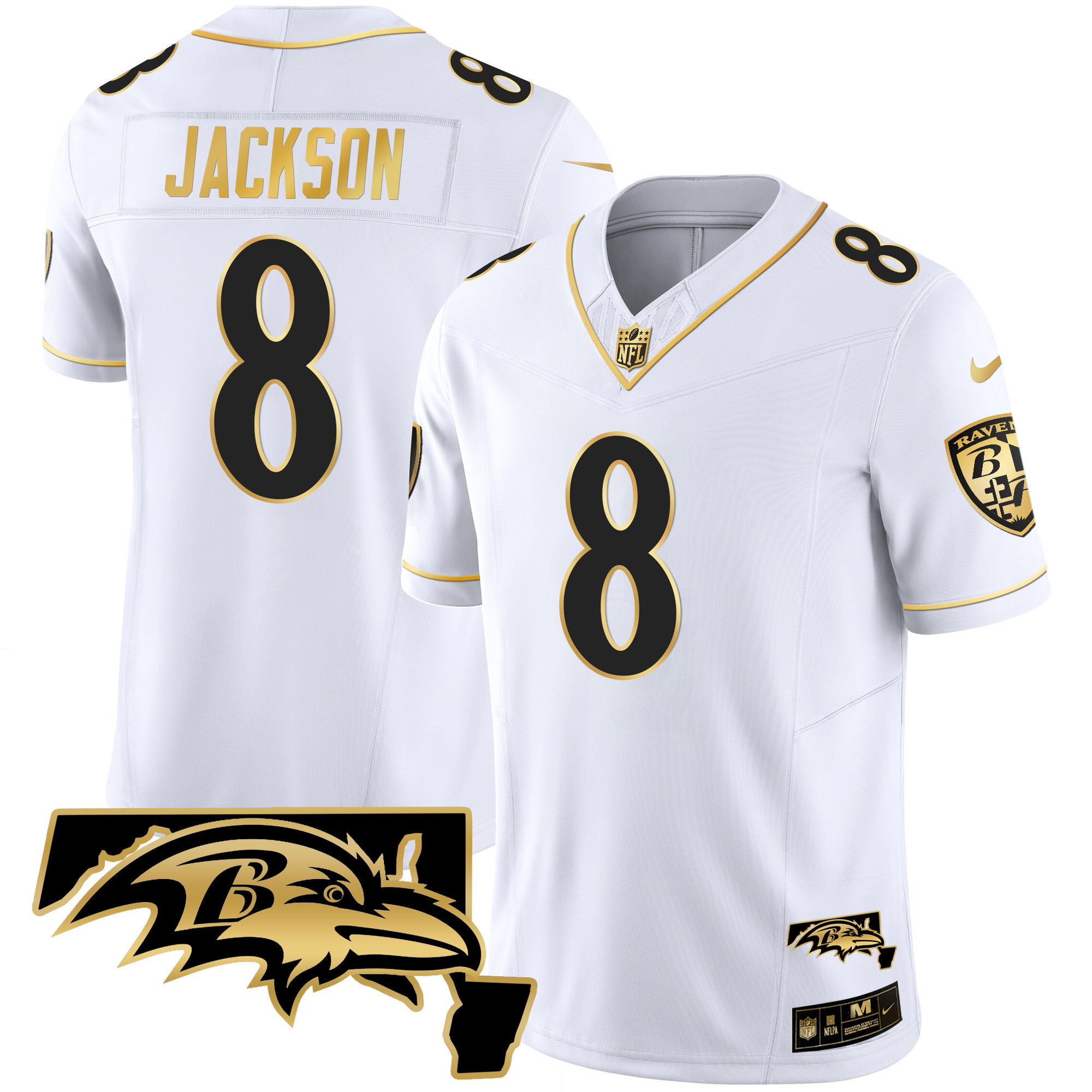 Lamar Jackson Men's Baltimore Ravens Maryland Patch Vapor Gold White Gold Jersey - All Stitched