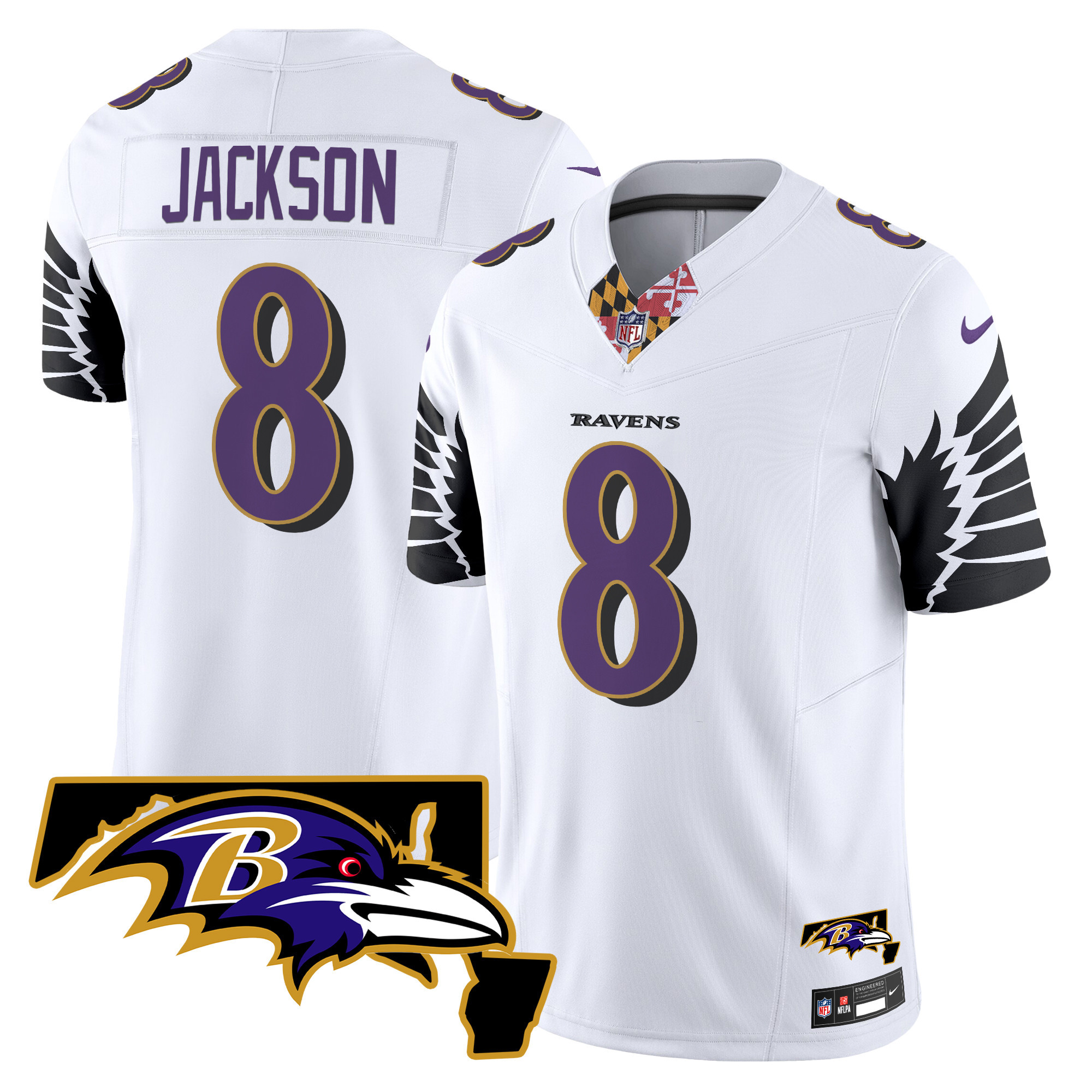 Lamar Jackson Men's Baltimore Ravens Maryland Patch Vapor Limited White Jersey - All Stitched