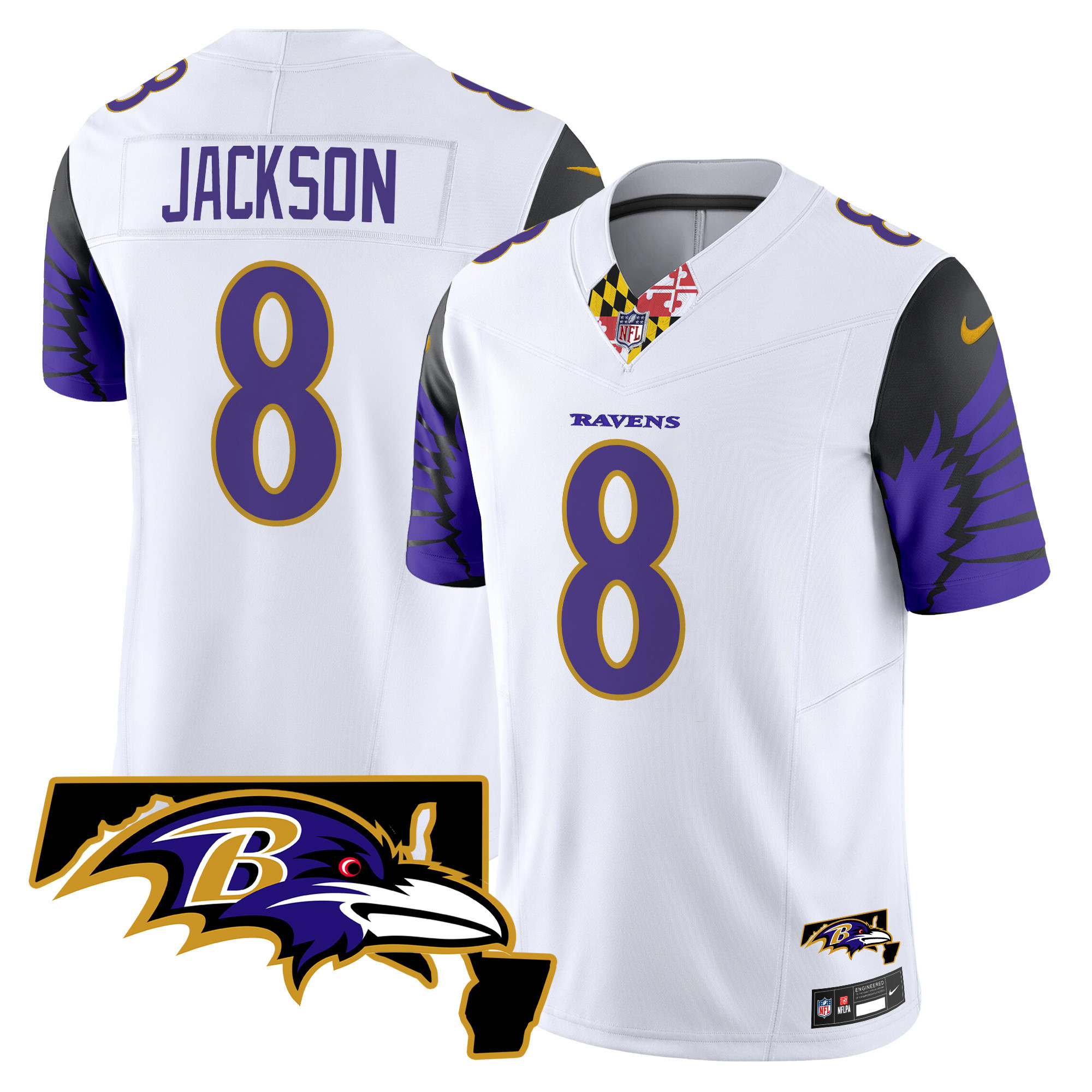 Lamar Jackson Men's Baltimore Ravens Maryland Patch Vapor Limited White Jersey - All Stitched