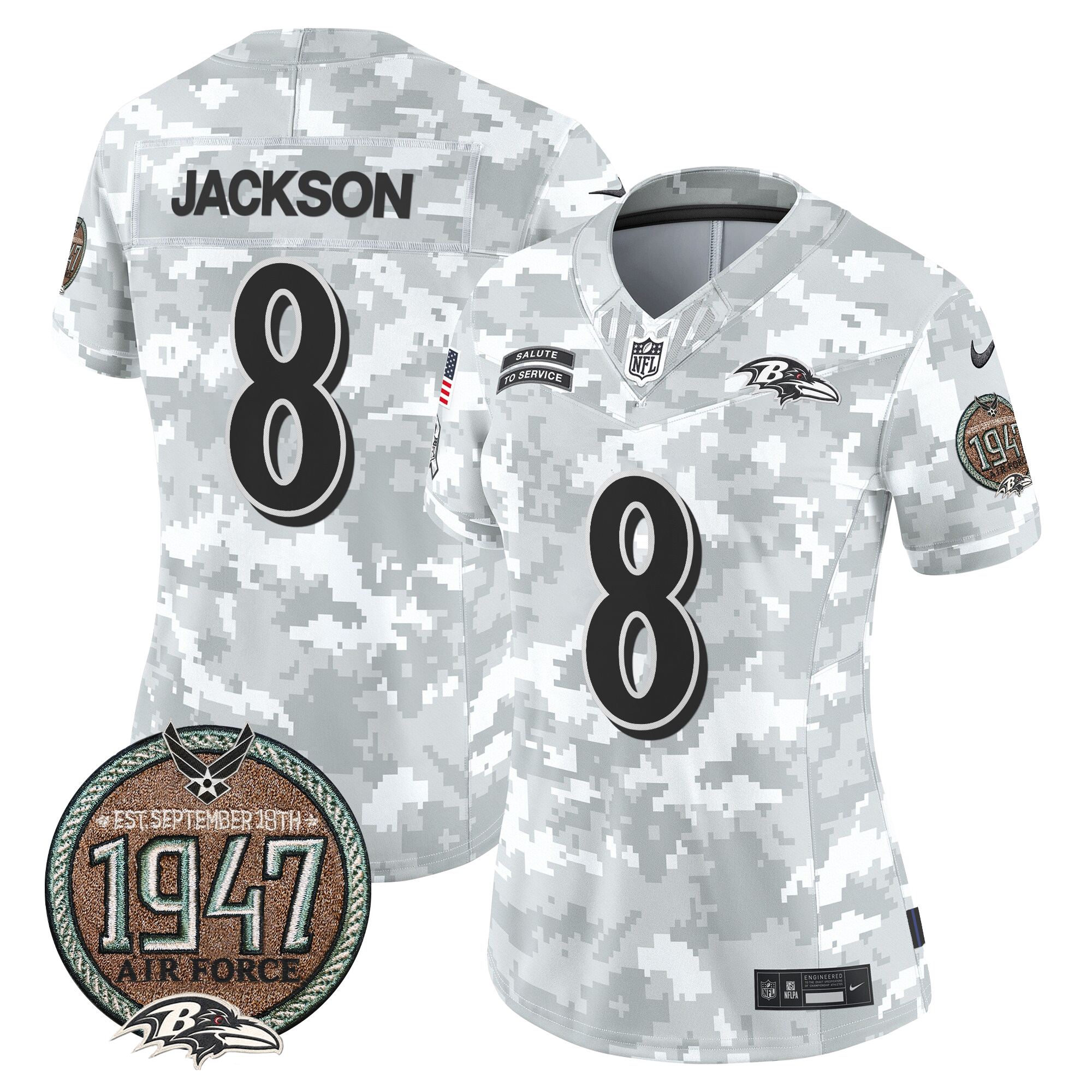 Lamar Jackson Women's Baltimore Ravens 2024 Salute to Service Establishment Year Patch Vapor Limited Air Force Jersey - All Stitched