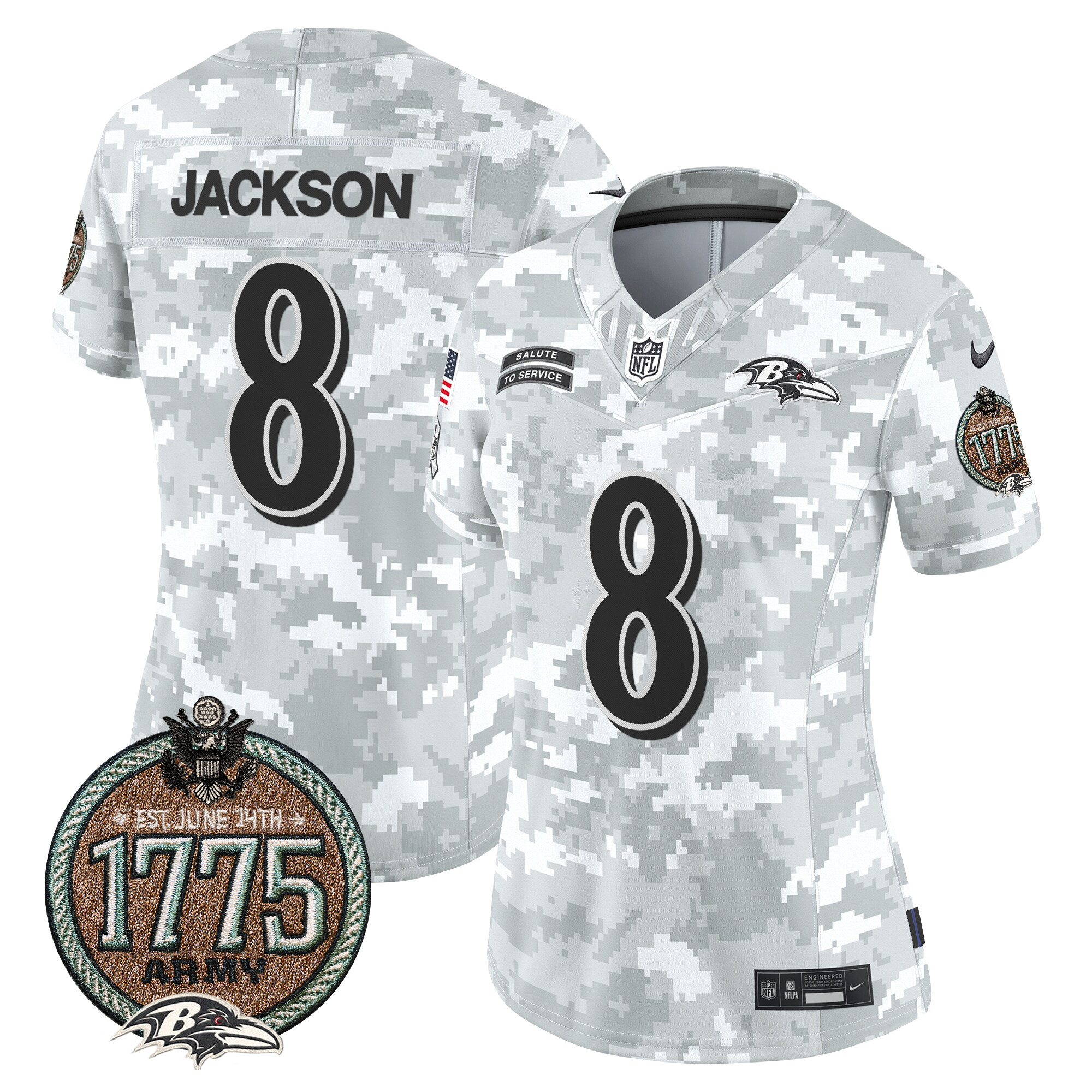Lamar Jackson Women's Baltimore Ravens 2024 Salute to Service Establishment Year Patch Vapor Limited Army Jersey - All Stitched