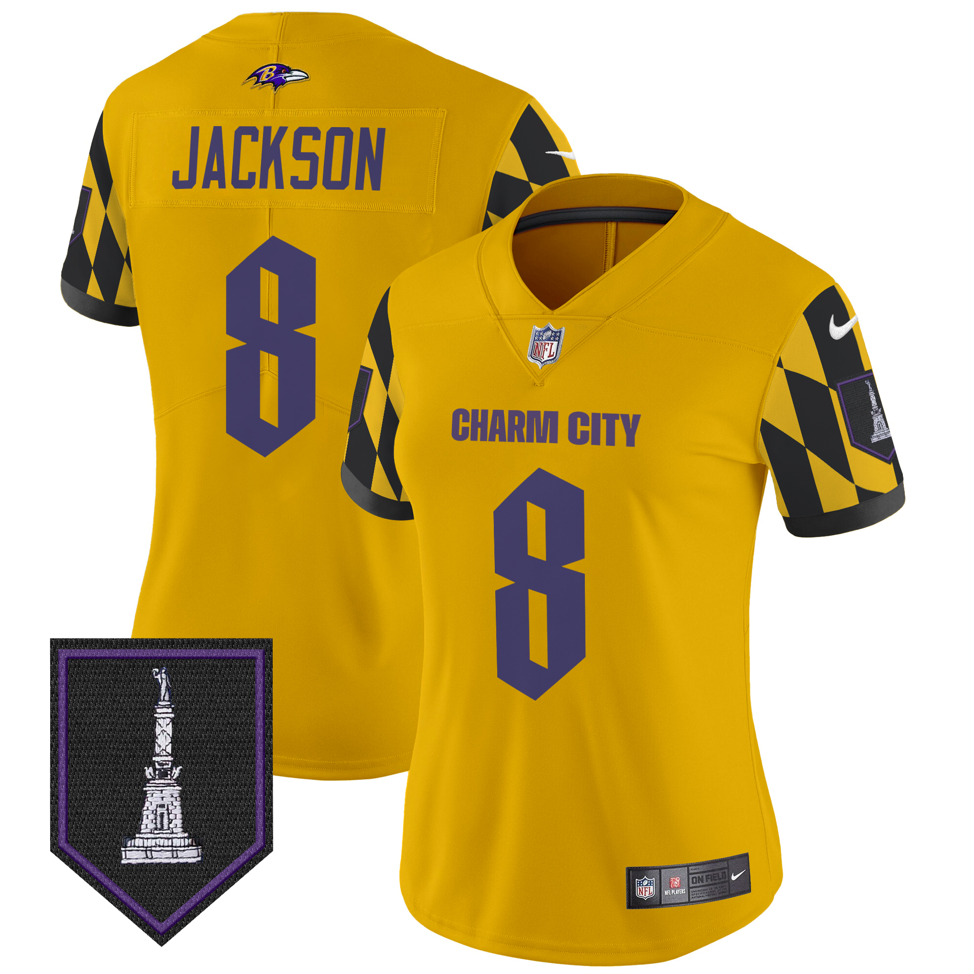 Lamar Jackson Women's Baltimore Ravens City Edition Patch Vapor Limited Gold Jersey - All Stitched