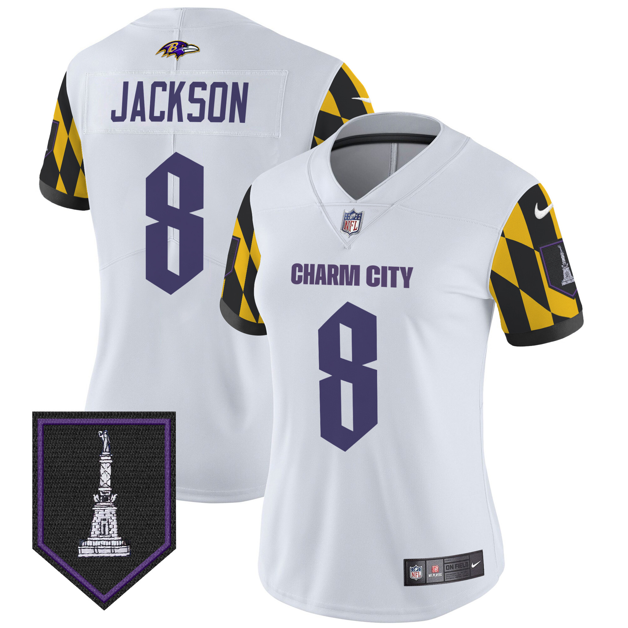 Lamar Jackson Women's Baltimore Ravens City Edition Patch Vapor Limited White Jersey - All Stitched