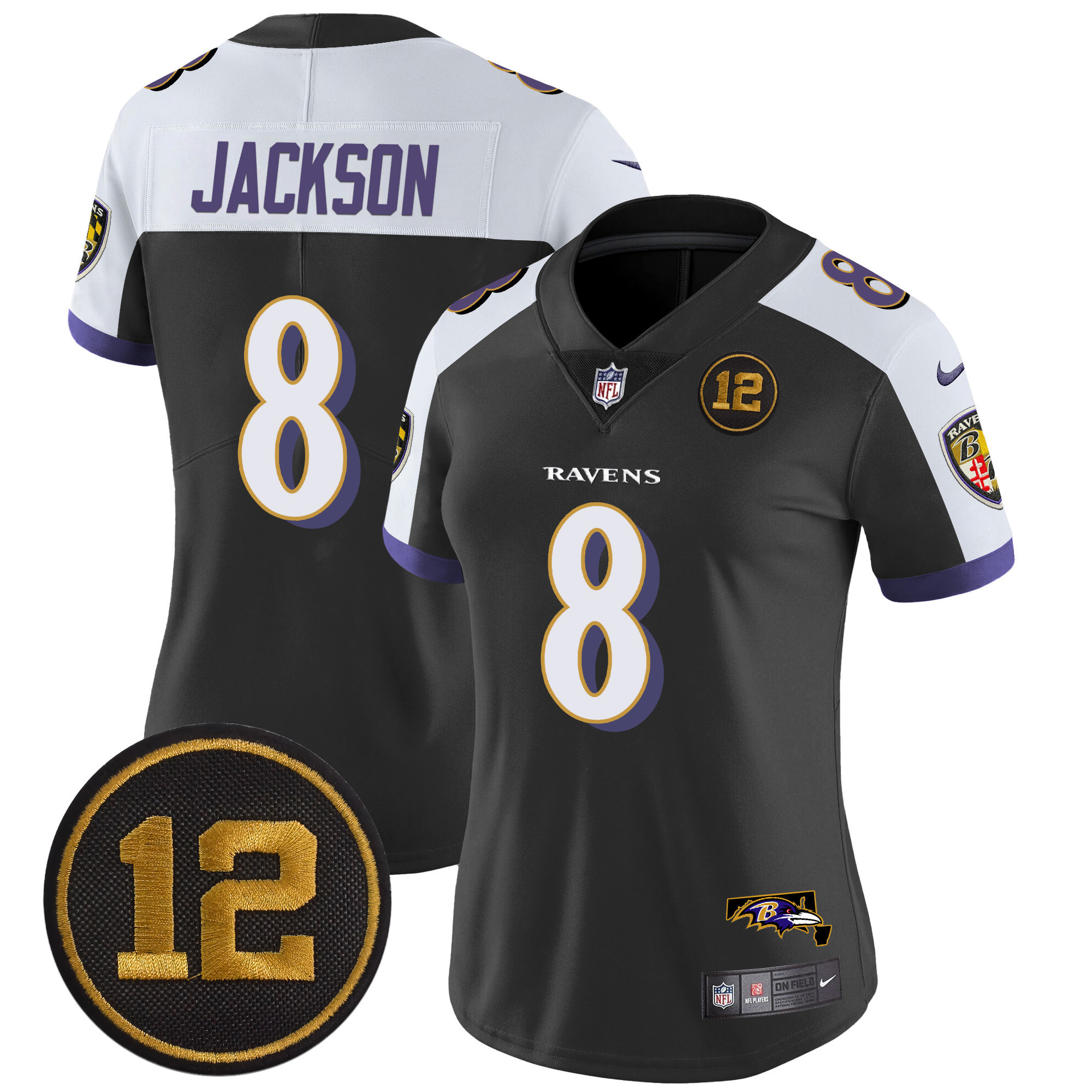 Lamar Jackson Women's Baltimore Ravens Jacoby Jones Patch Vapor Limited Black Alternate Jersey - All Stitched