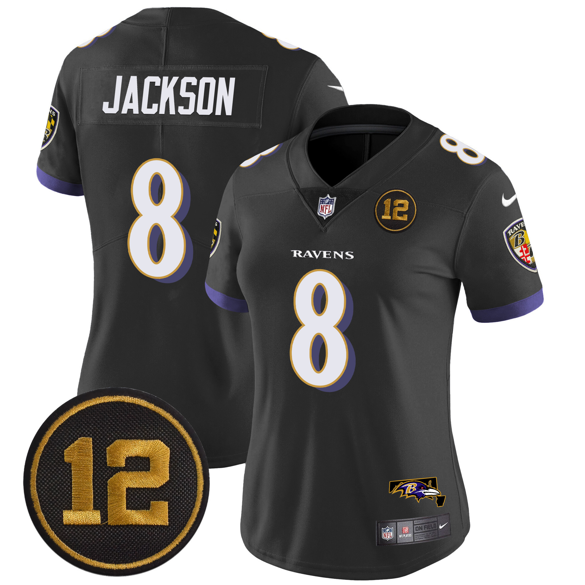 Lamar Jackson Women's Baltimore Ravens Jacoby Jones Patch Vapor Limited Black Jersey - All Stitched