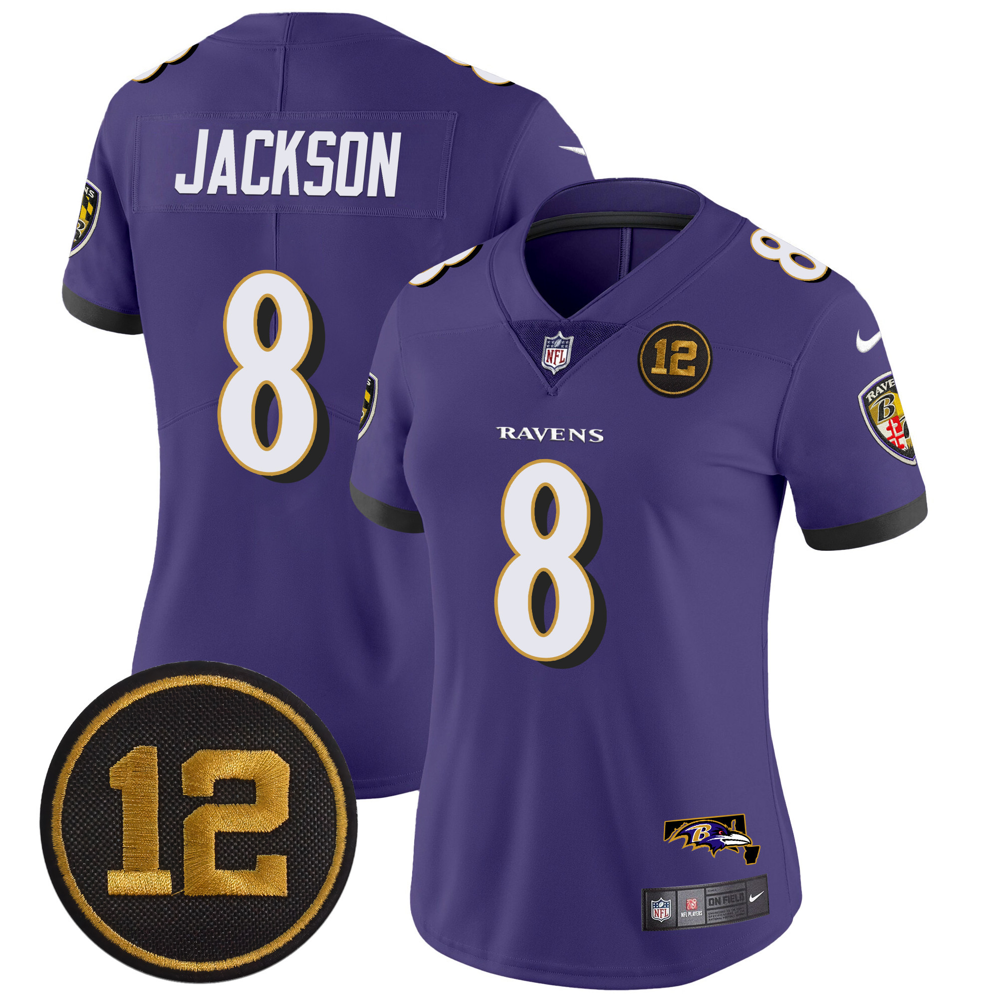 Lamar Jackson Women's Baltimore Ravens Jacoby Jones Patch Vapor Limited Purple Jersey - All Stitched