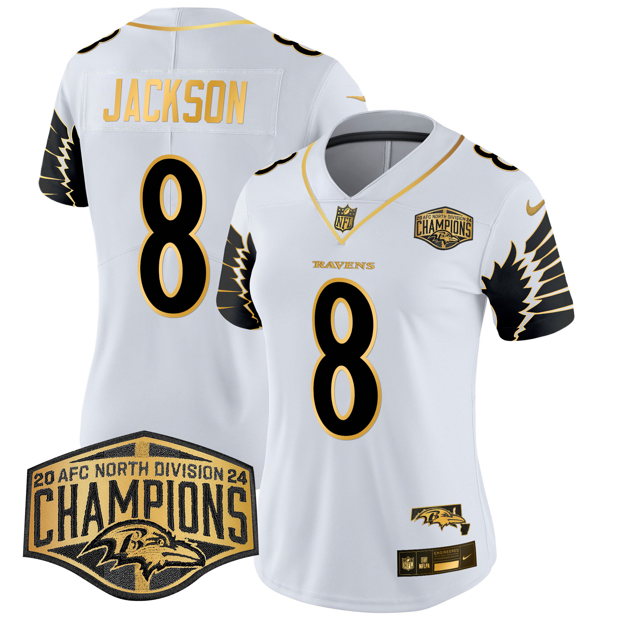 Lamar Jackson Women's Baltimore Ravens Maryland 2024 AFC North Division Champions Patch Gold Vapor Limited White Gold Jersey - All Stitched
