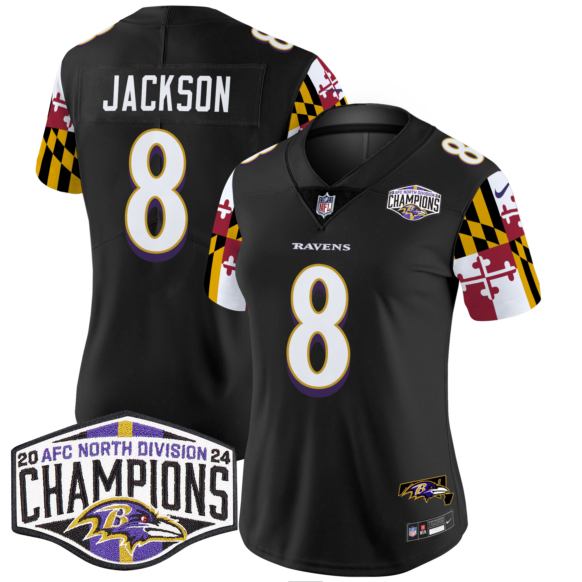 Lamar Jackson Women's Baltimore Ravens Maryland Flag 2024 AFC North Division Champions Patch Vapor Limited Black Jersey - All Stitched