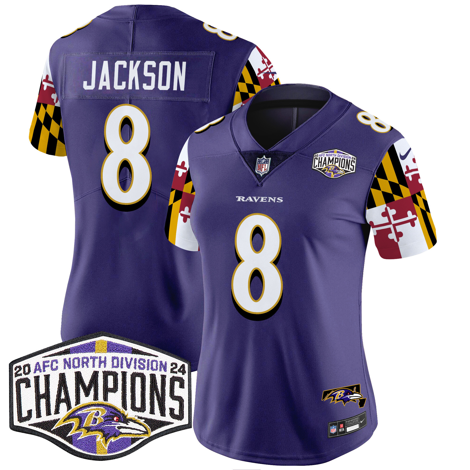 Lamar Jackson Women's Baltimore Ravens Maryland Flag 2024 AFC North Division Champions Patch Vapor Limited Purple Jersey - All Stitched