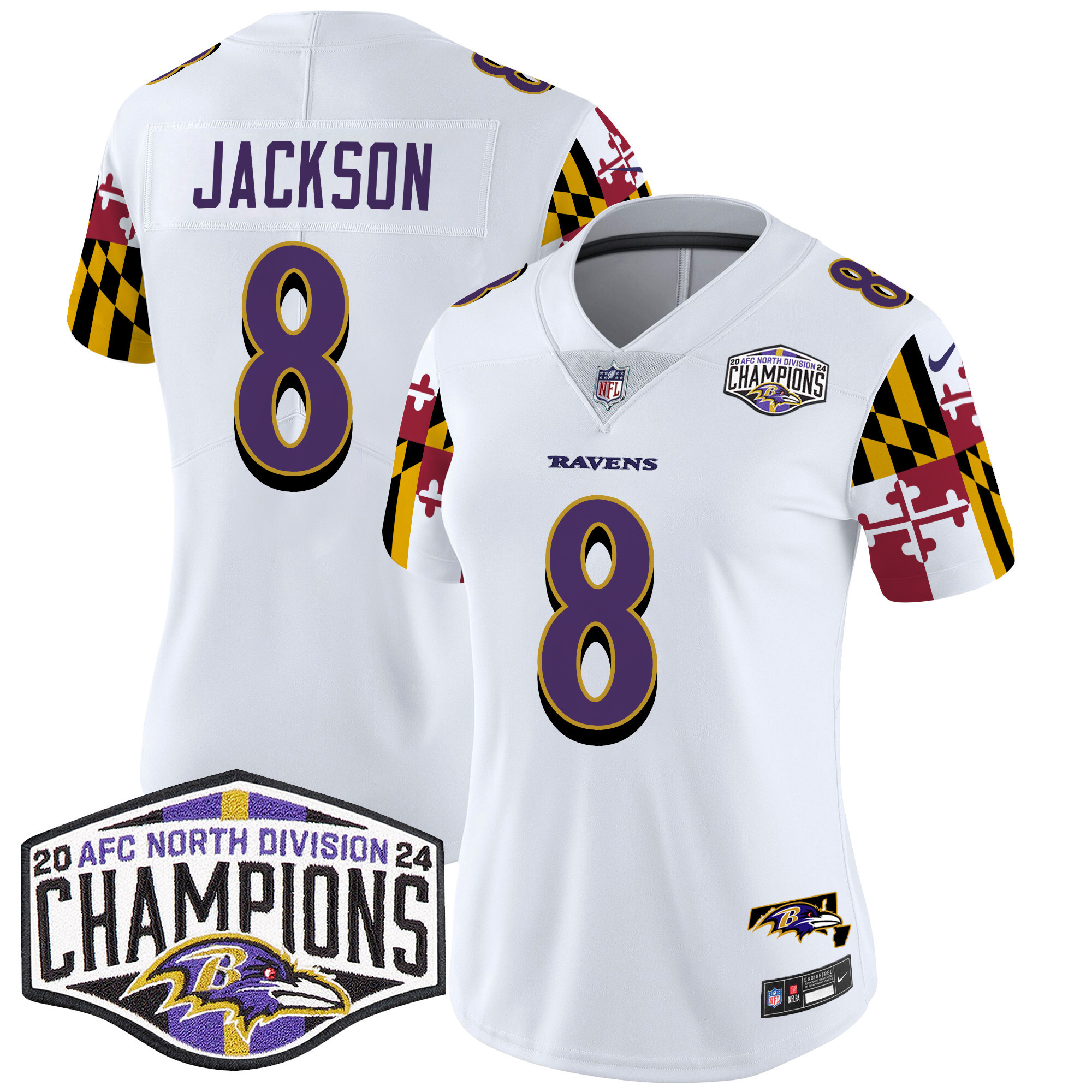 Lamar Jackson Women's Baltimore Ravens Maryland Flag 2024 AFC North Division Champions Patch Vapor Limited White Jersey - All Stitched