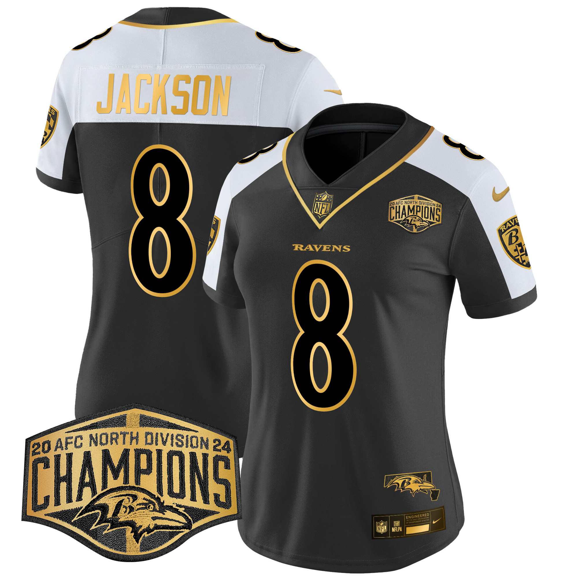 Lamar Jackson Women's Baltimore Ravens Maryland Flag Map 2024 AFC North Division Champions Patch Gold Vapor Limited Alternate Jersey - All Stitched