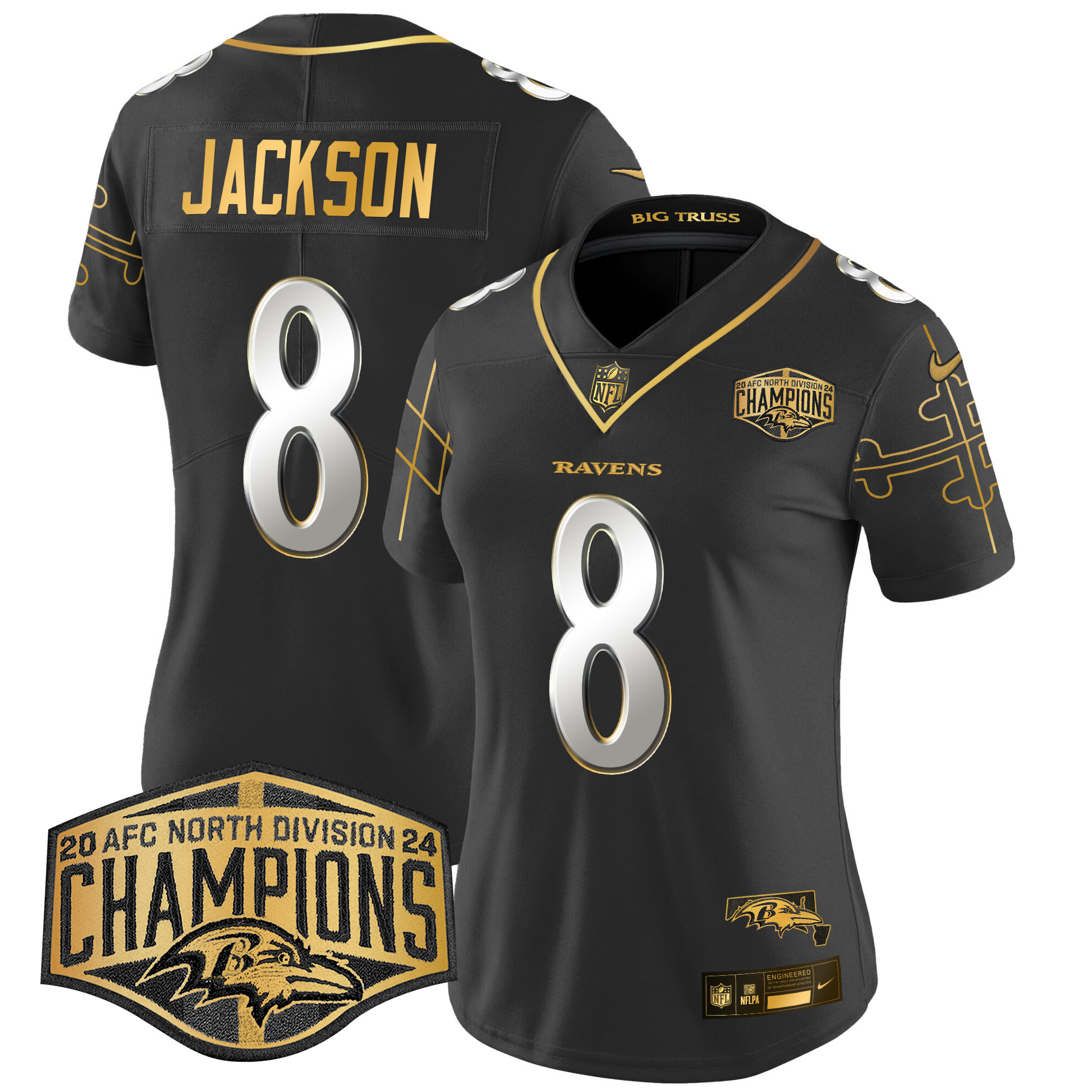 Lamar Jackson Women's Baltimore Ravens Maryland Flag Map 2024 AFC North Division Champions Patch Gold Vapor Limited Black Limited Jersey - All Stitched