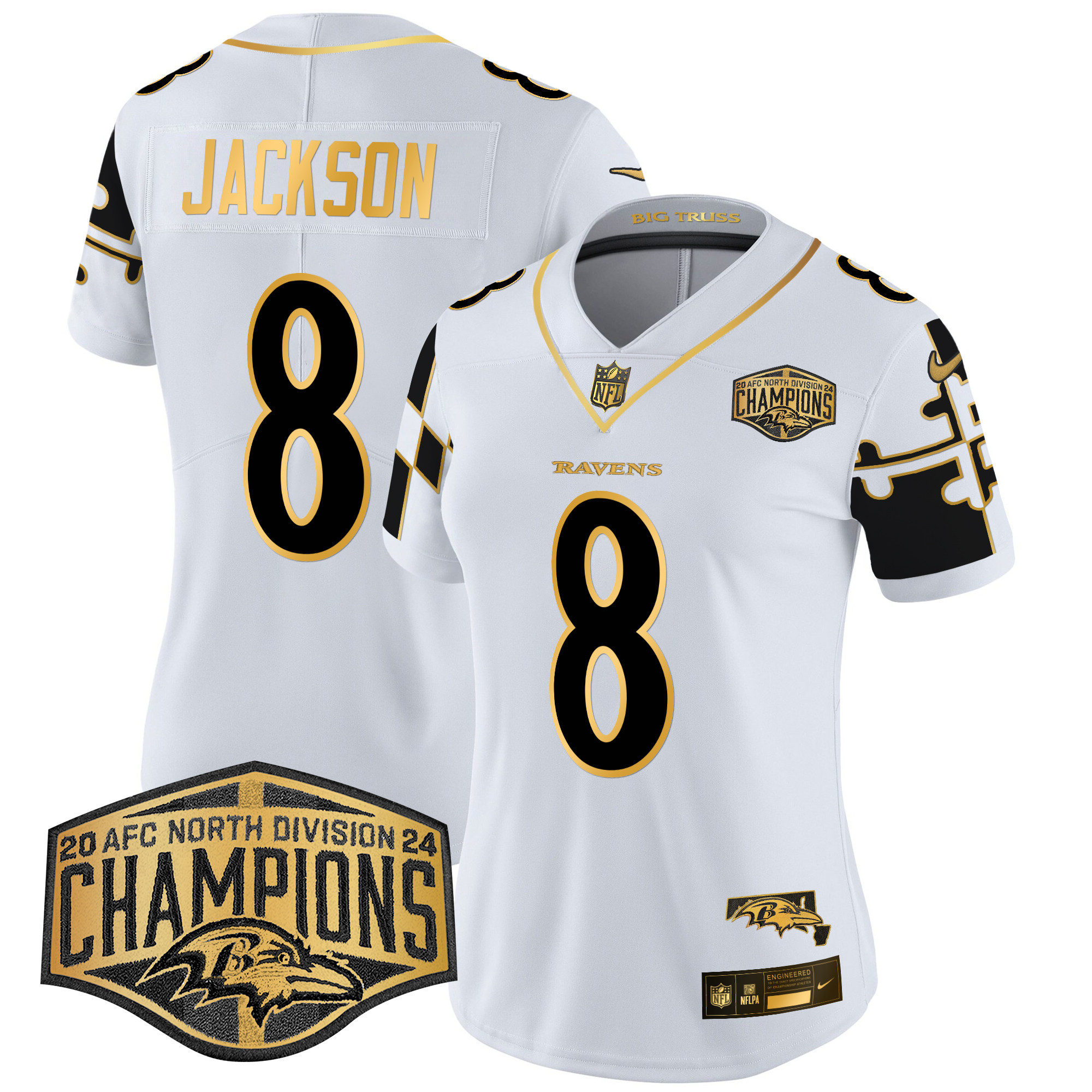 Lamar Jackson Women's Baltimore Ravens Maryland Flag Map 2024 AFC North Division Champions Patch Gold Vapor Limited White Gold Jersey - All Stitched