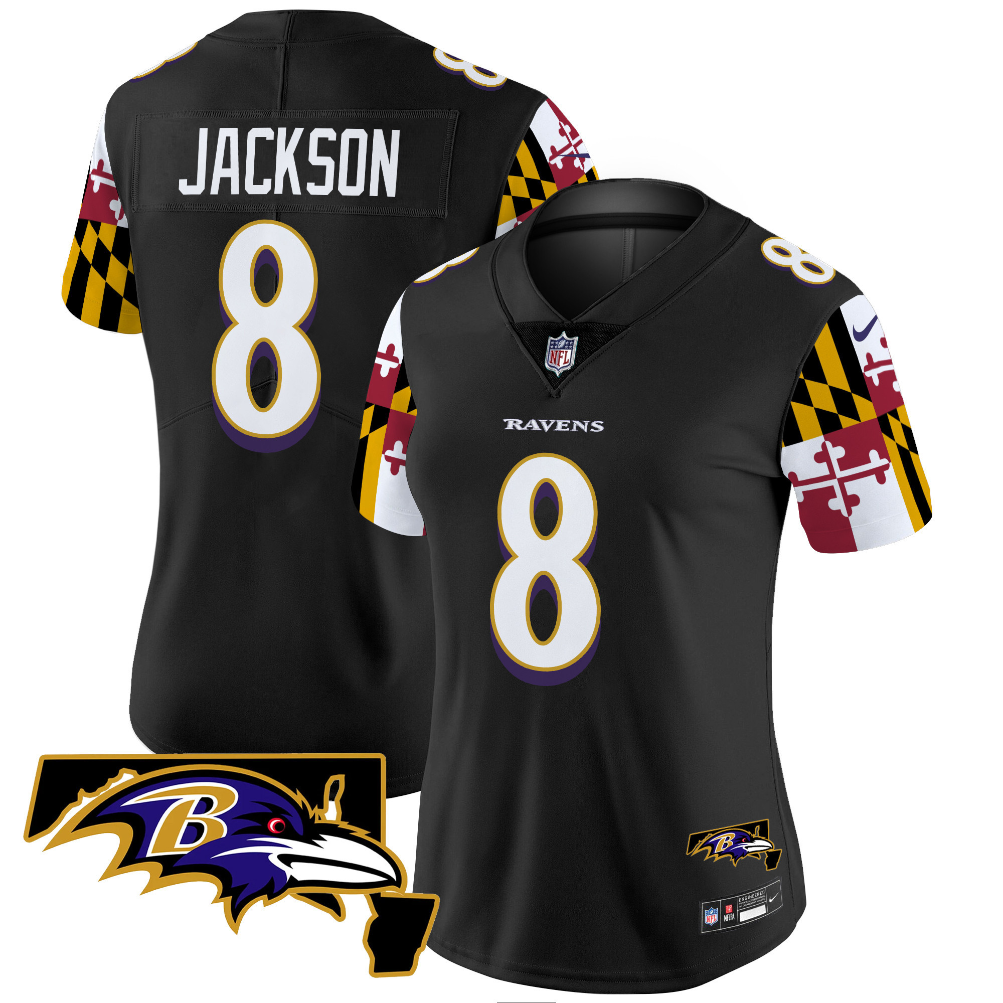 Lamar Jackson Women's Baltimore Ravens Maryland Flag Vapor Limited Black Jersey - All Stitched