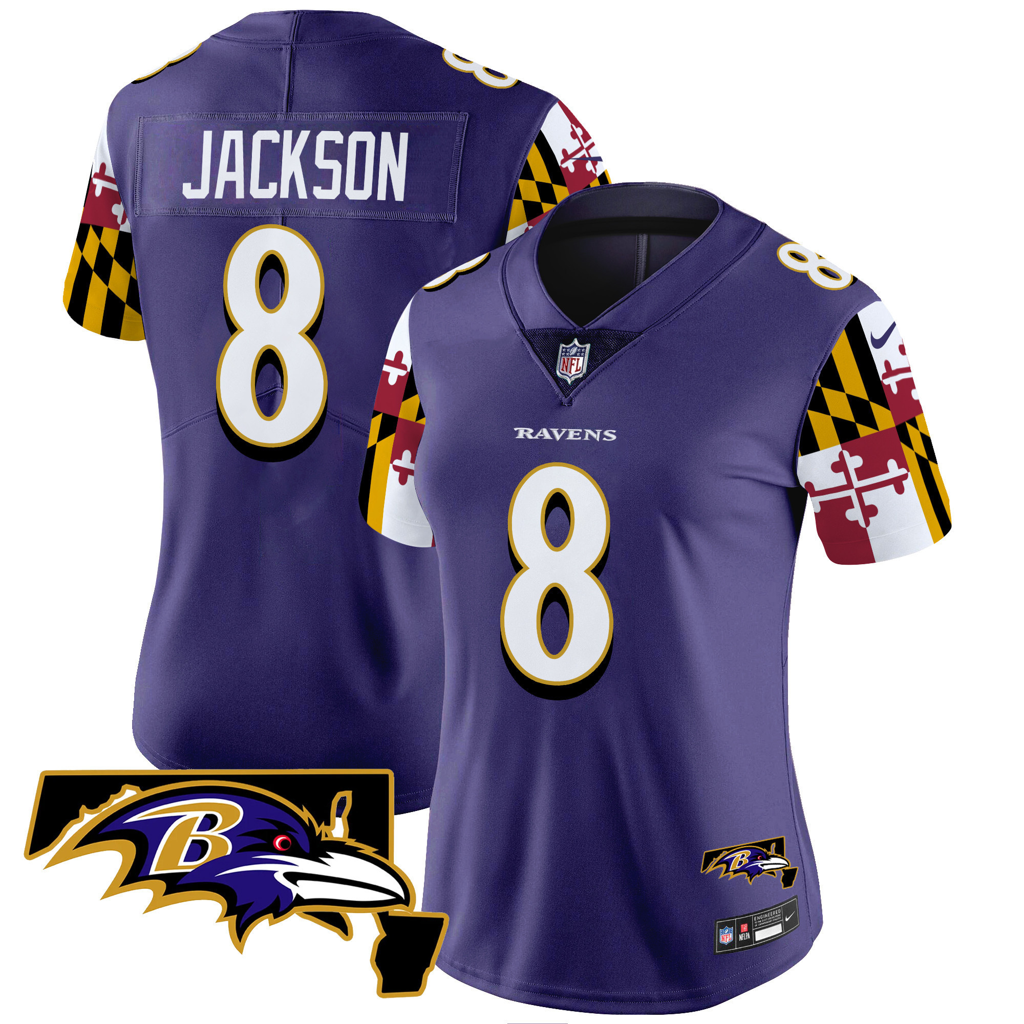 Lamar Jackson Women's Baltimore Ravens Maryland Flag Vapor Limited Purple Jersey - All Stitched