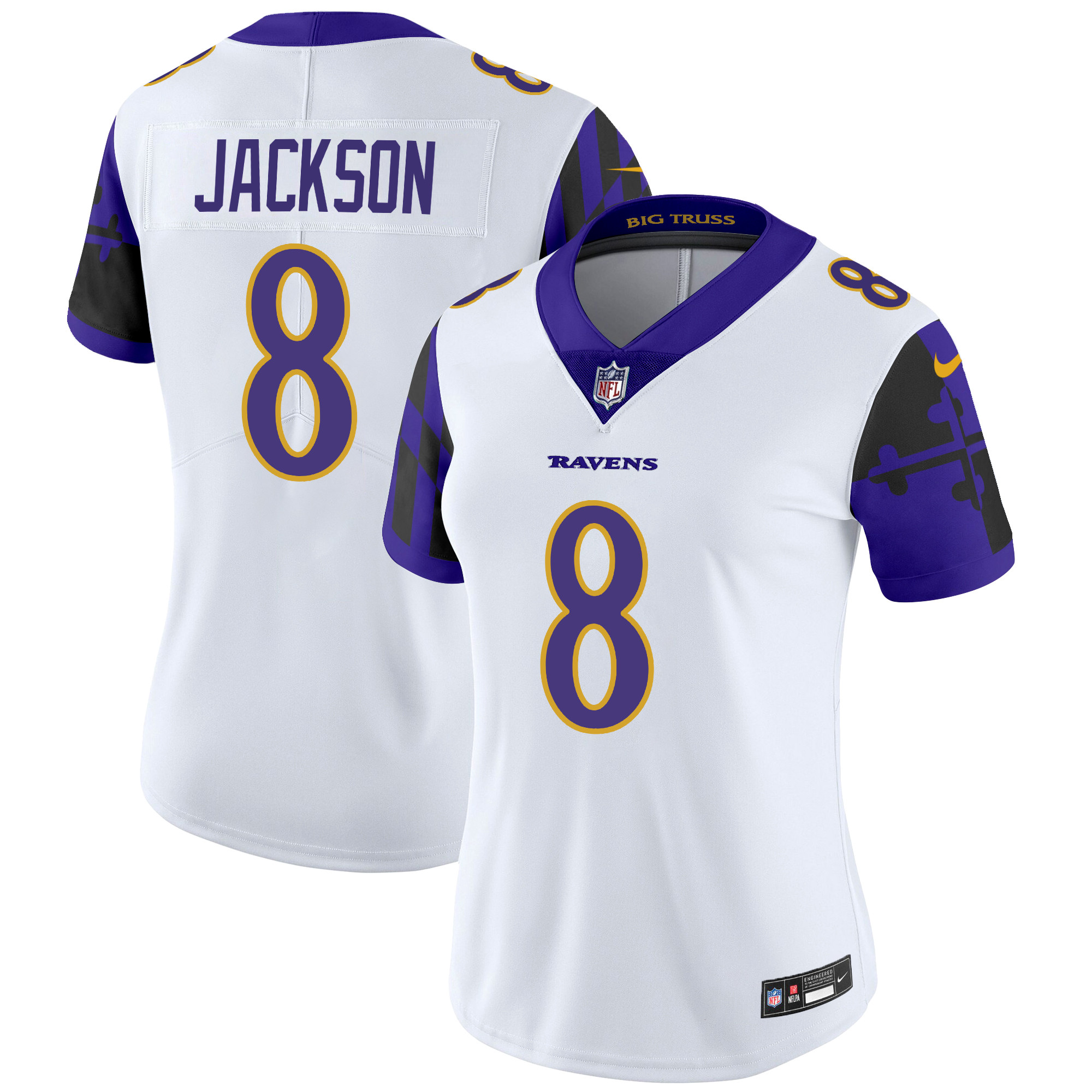 Lamar Jackson Women's Baltimore Ravens Maryland Flag Vapor Limited White Jersey - All Stitched