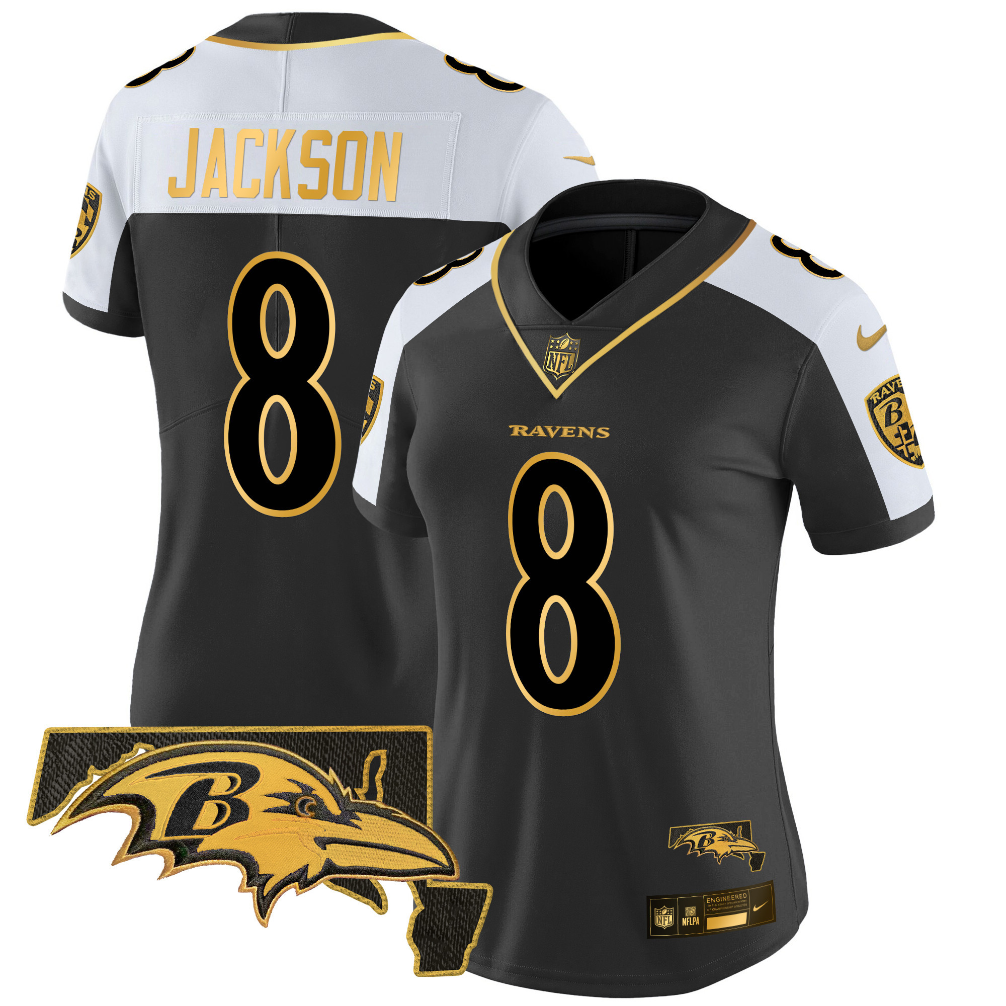 Lamar Jackson Women's Baltimore Ravens Maryland Patch Gold Vapor Limited Alternate Jersey - All Stitched