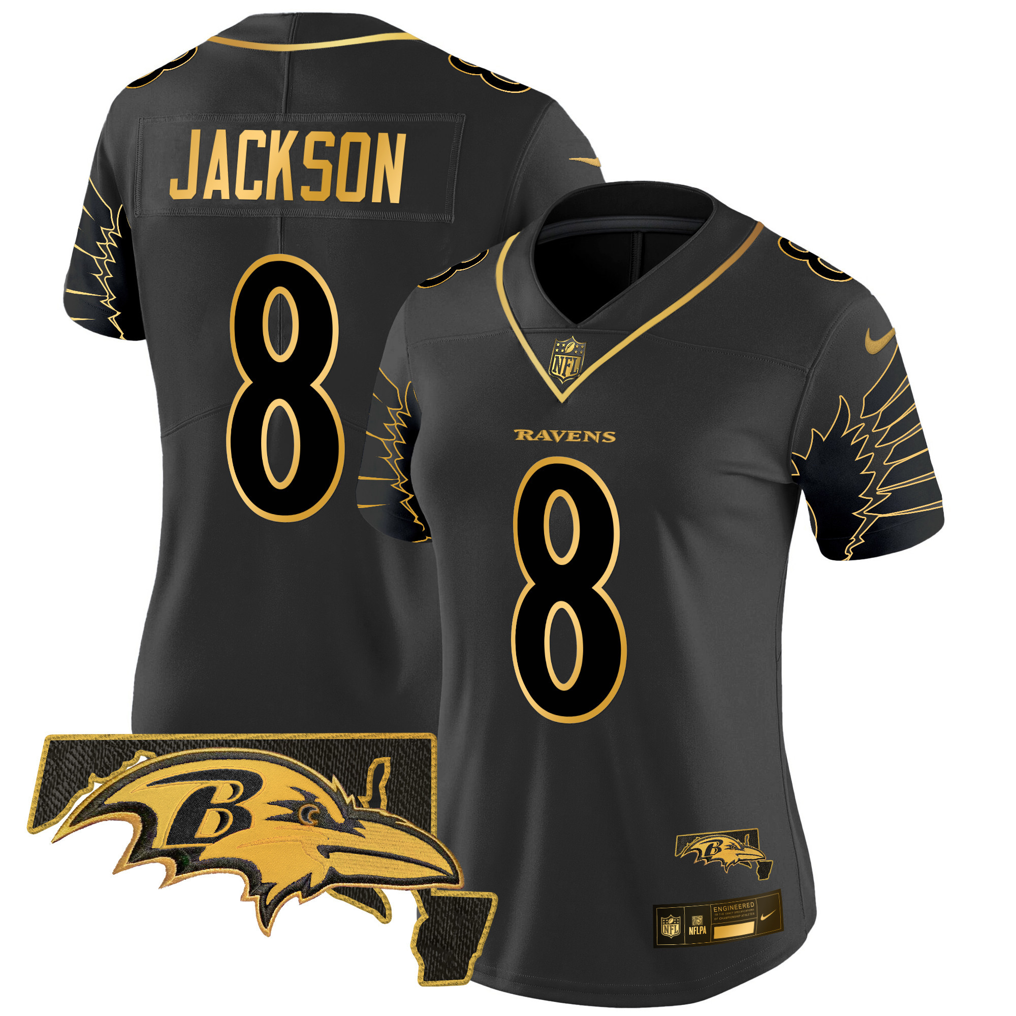 Lamar Jackson Women's Baltimore Ravens Maryland Patch Gold Vapor Limited Black Gold Jersey - All Stitched