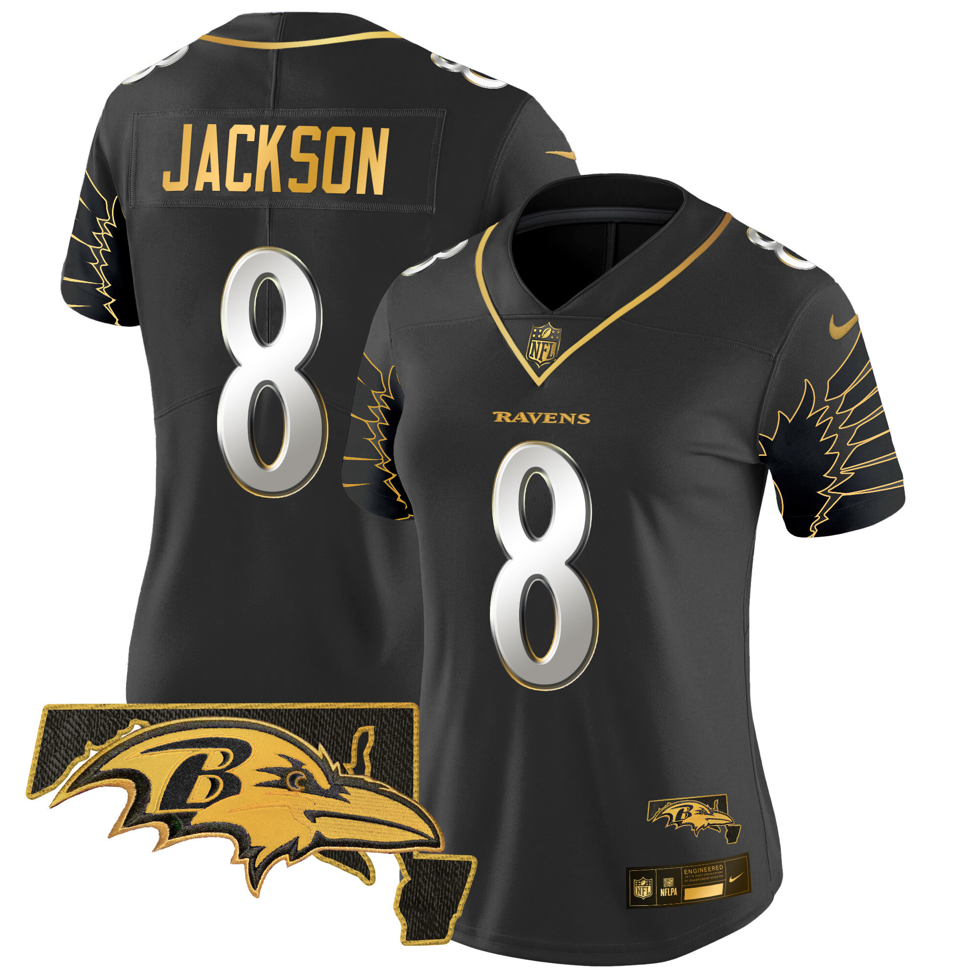 Lamar Jackson Women's Baltimore Ravens Maryland Patch Gold Vapor Limited Black Limited Jersey - All Stitched