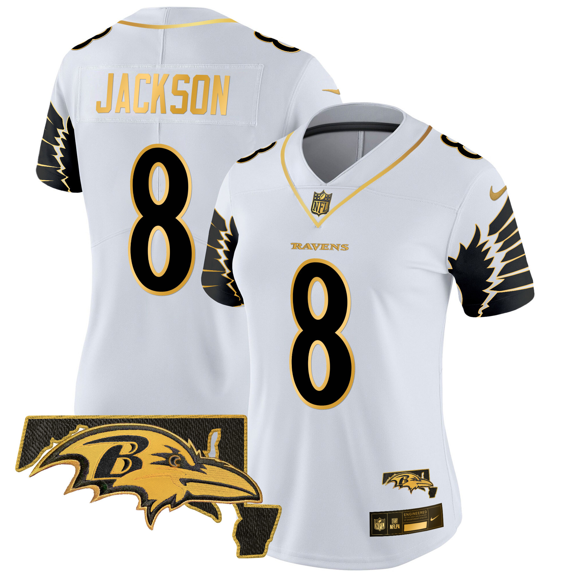 Lamar Jackson Women's Baltimore Ravens Maryland Patch Gold Vapor Limited White Gold Jersey - All Stitched