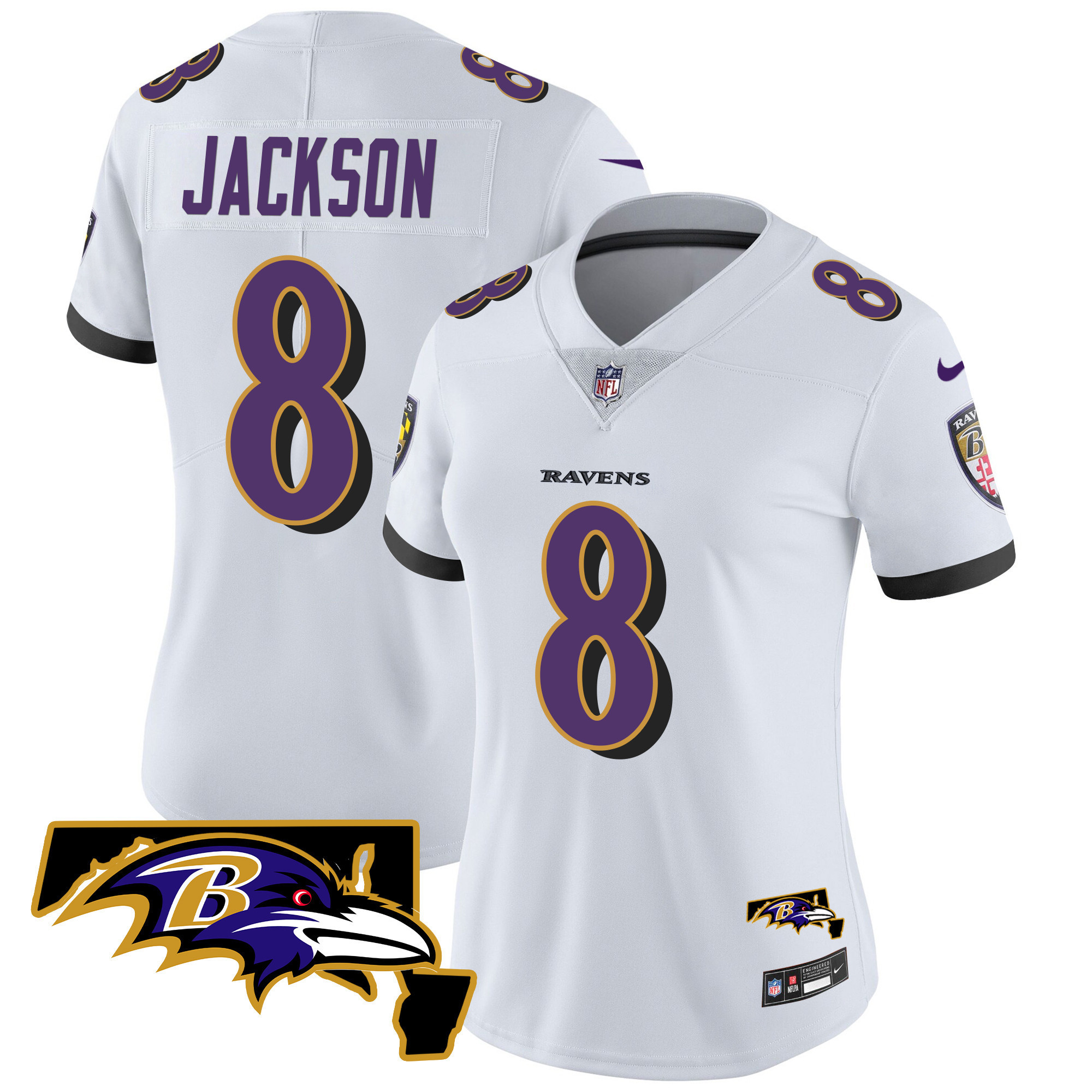 Lamar Jackson Women's Baltimore Ravens Maryland Patch Vapor Limited White Jersey - All Stitched