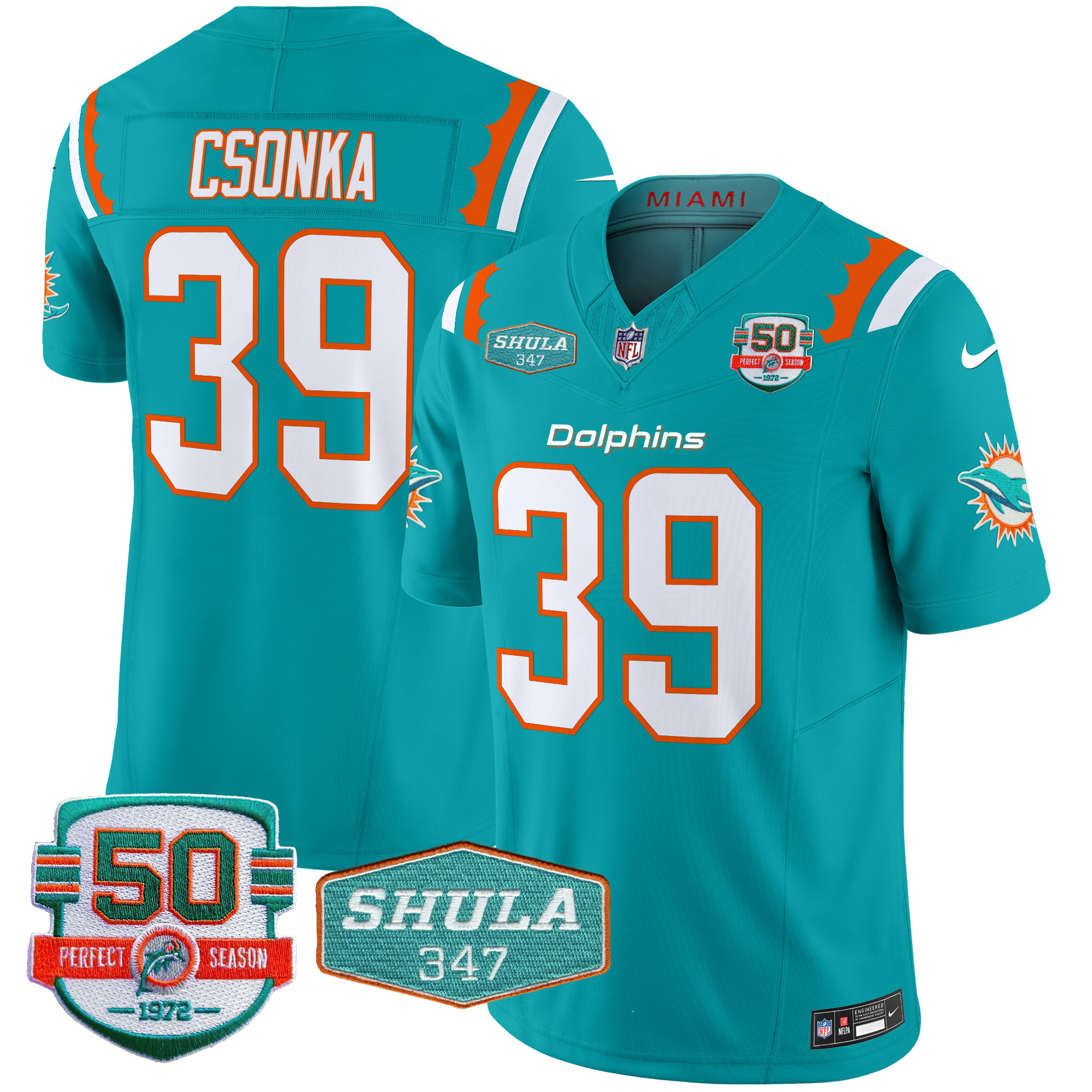 Larry Csonka Men's Miami Dolphins 50th & Don Shula 347 Memorial Patch Vapor Limited Aqua Jersey - All Stitched