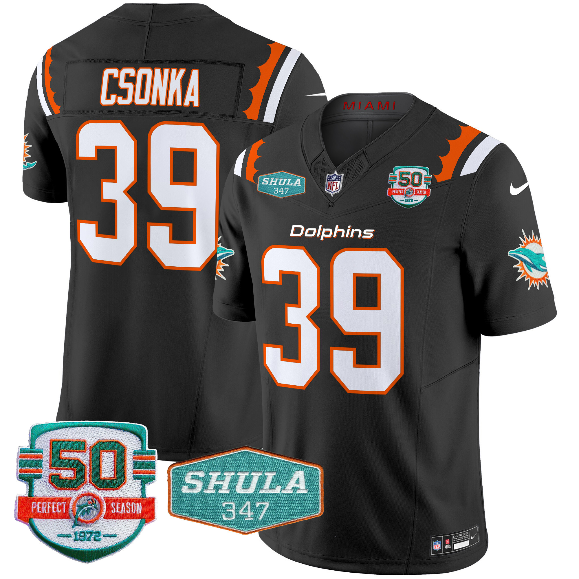 Larry Csonka Men's Miami Dolphins 50th & Don Shula 347 Memorial Patch Vapor Limited Black Jersey - All Stitched