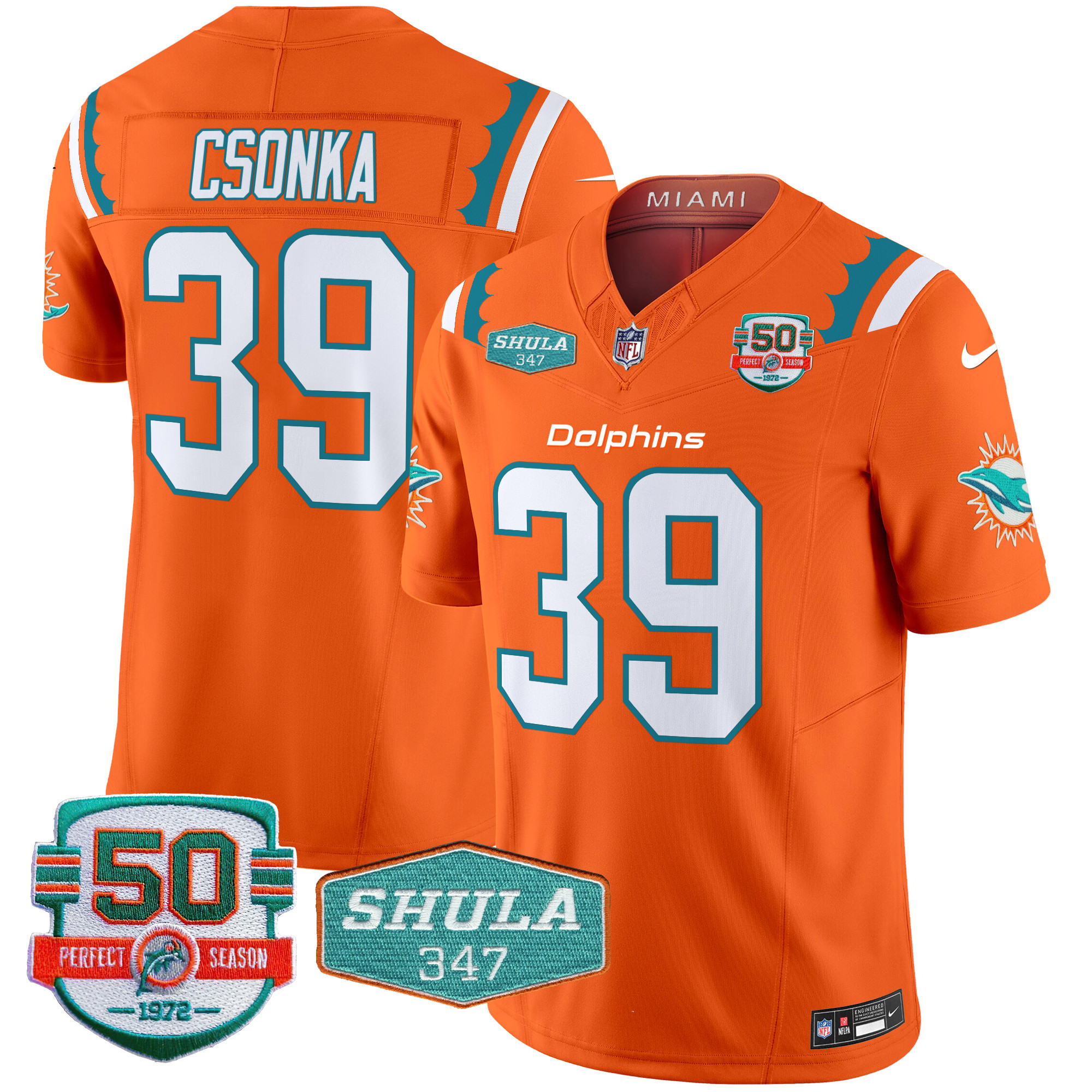 Larry Csonka Men's Miami Dolphins 50th & Don Shula 347 Memorial Patch Vapor Limited Orange Jersey - All Stitched