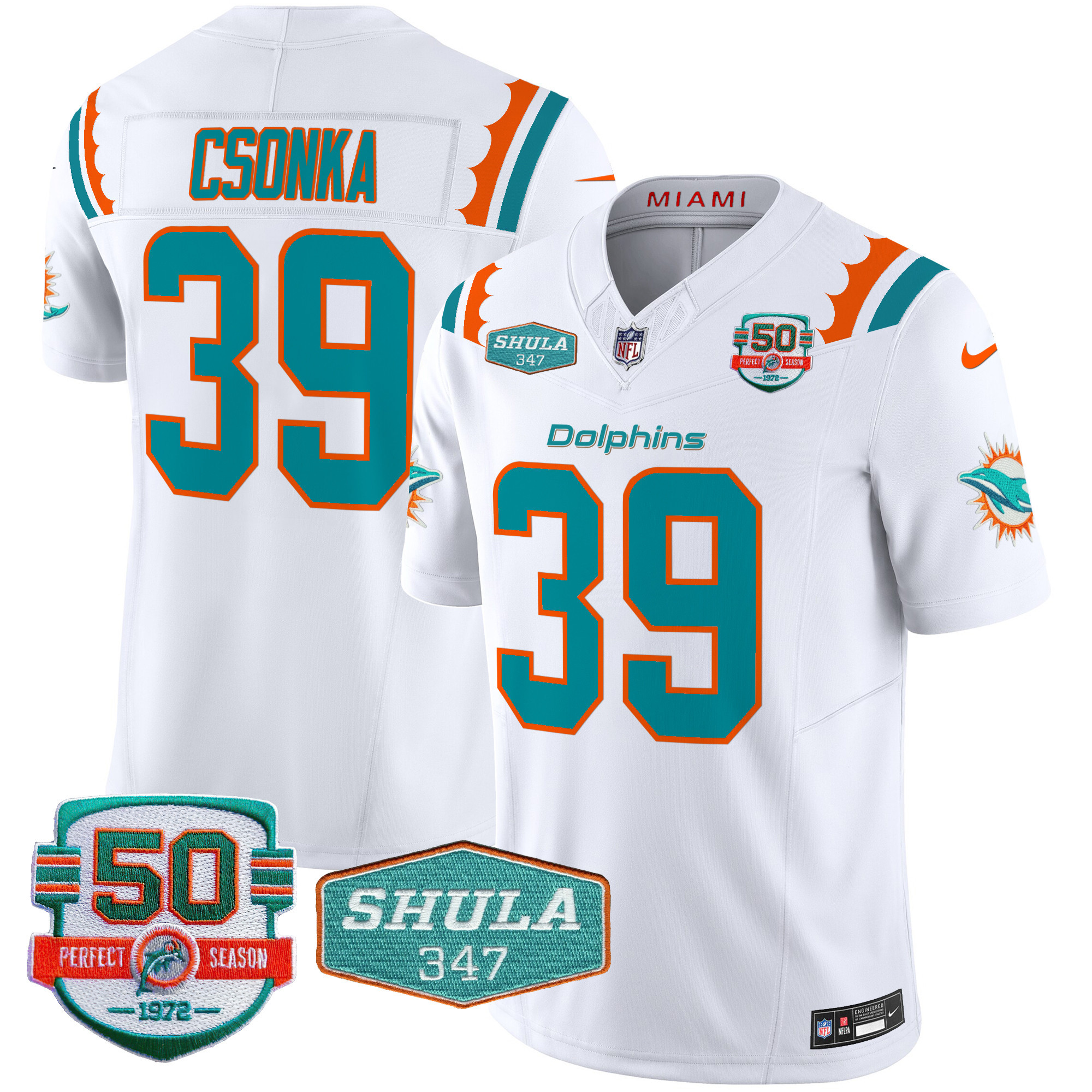 Larry Csonka Men's Miami Dolphins 50th & Don Shula 347 Memorial Patch Vapor Limited White Jersey - All Stitched