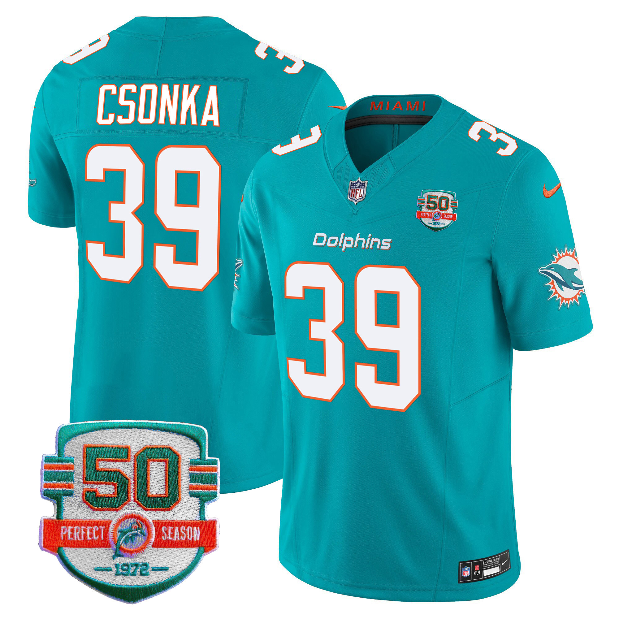 Larry Csonka Men's Miami Dolphins 50th 1972 Perfect Season Patch Vapor Aqua Jersey - All Stitched