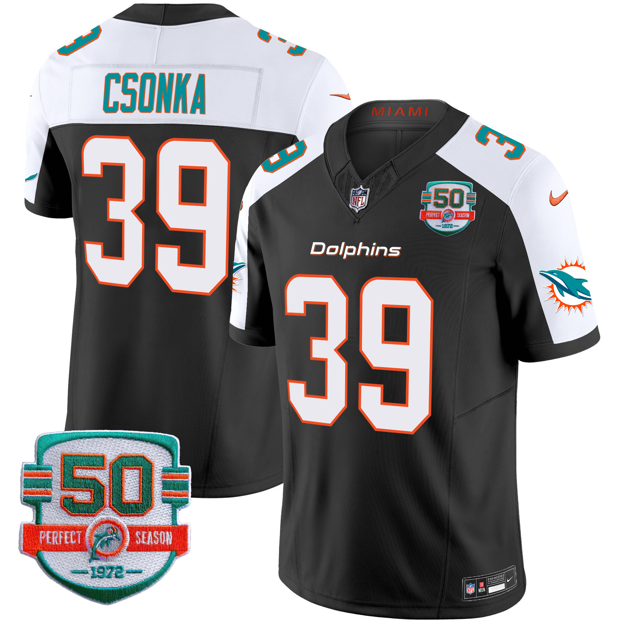 Larry Csonka Men's Miami Dolphins 50th 1972 Perfect Season Patch Vapor Black Alternate Jersey - All Stitched