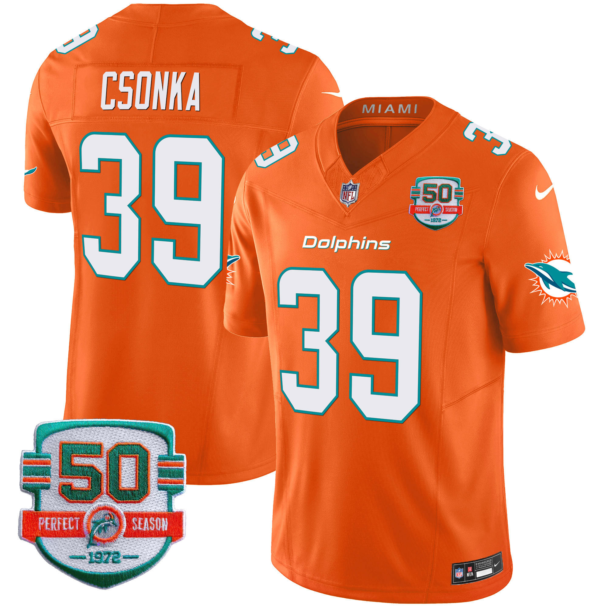 Larry Csonka Men's Miami Dolphins 50th 1972 Perfect Season Patch Vapor Orange Jersey - All Stitched