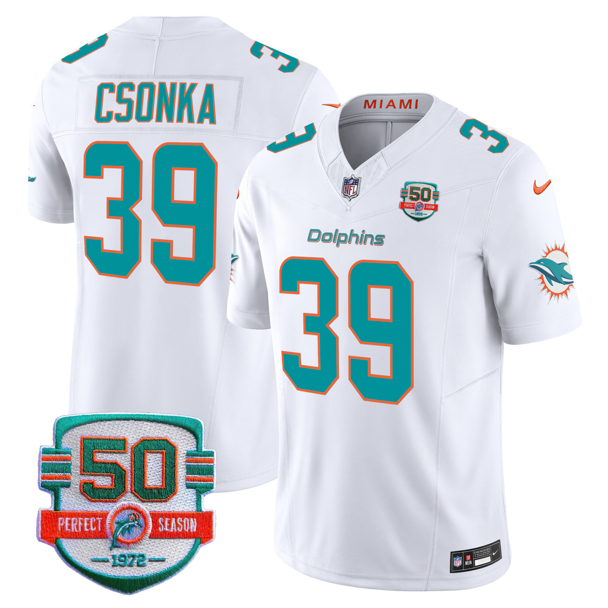 Larry Csonka Men's Miami Dolphins 50th 1972 Perfect Season Patch Vapor White Jersey - All Stitched