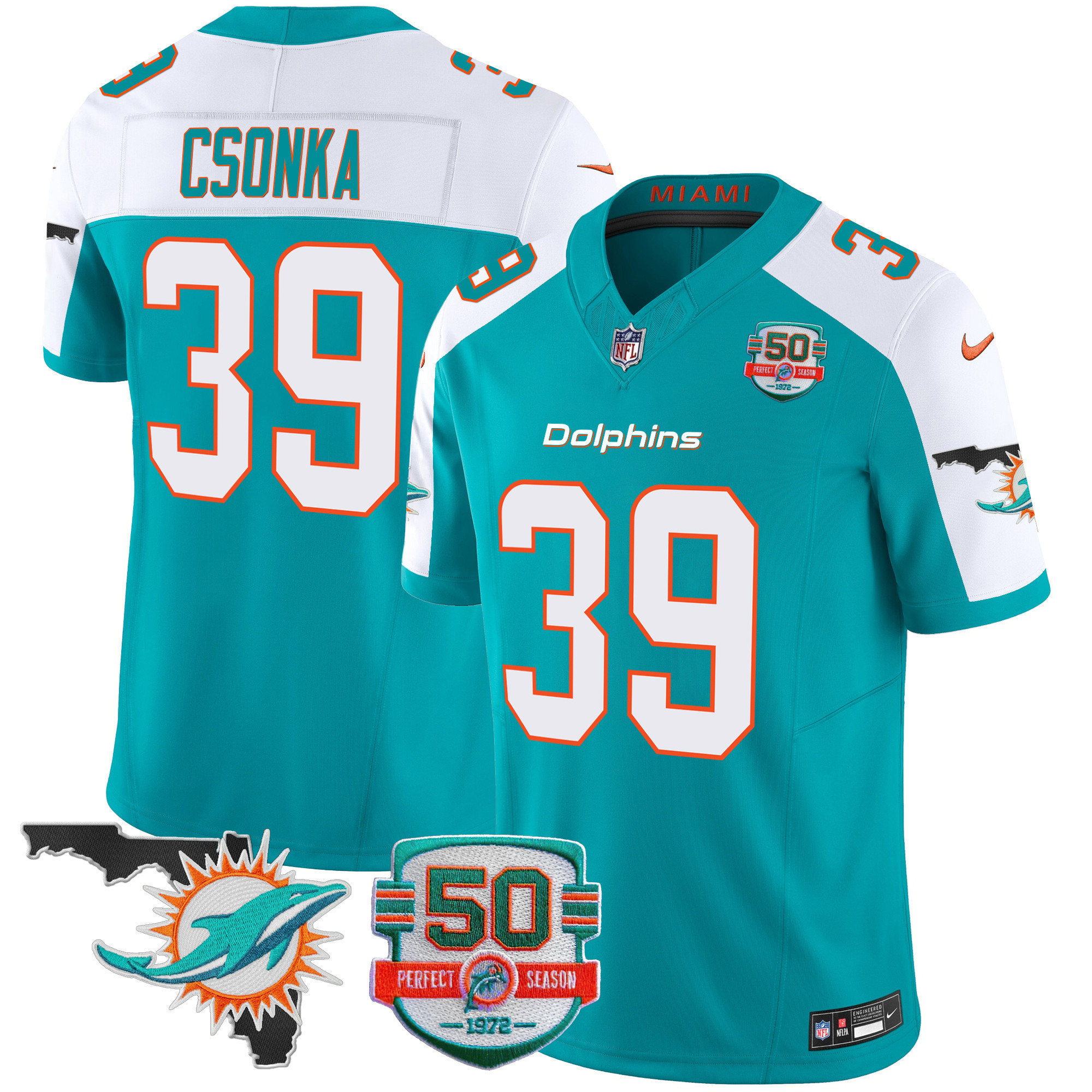 Larry Csonka Men's Miami Dolphins 50th Perfect Season & Florida Patch Vapor Aqua Alternate Jersey - All Stitched