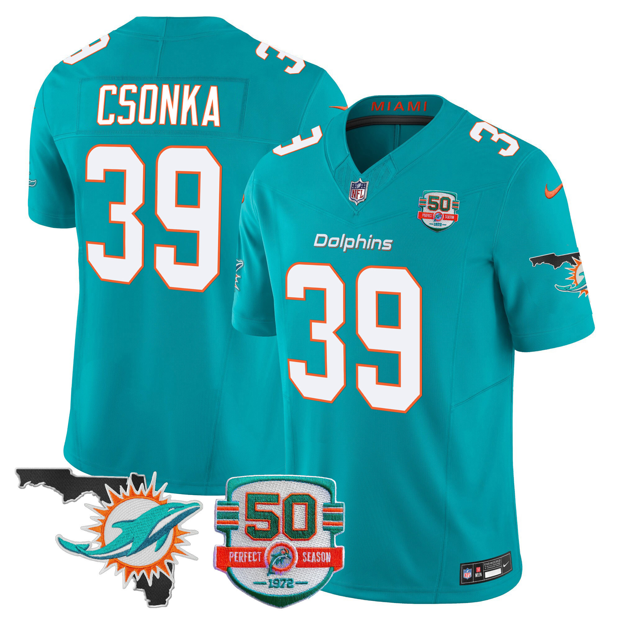 Larry Csonka Men's Miami Dolphins 50th Perfect Season & Florida Patch Vapor Aqua Jersey - All Stitched