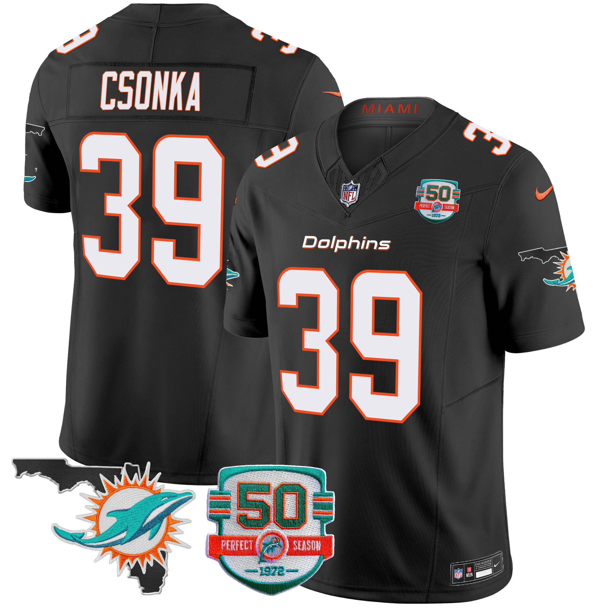 Larry Csonka Men's Miami Dolphins 50th Perfect Season & Florida Patch Vapor Black Jersey - All Stitched