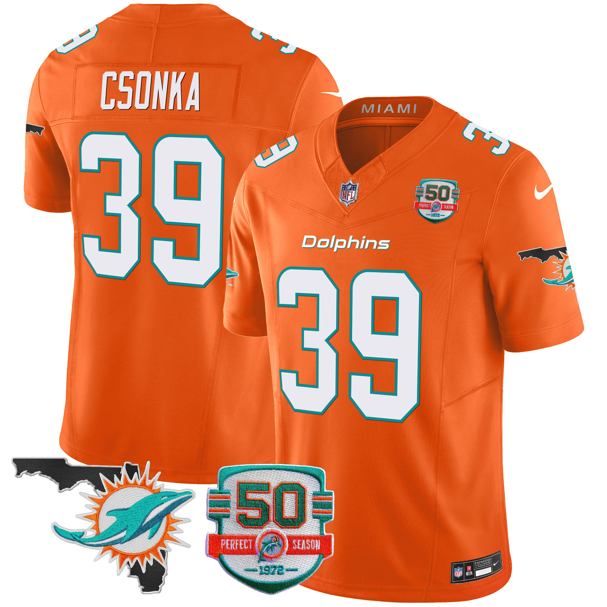 Larry Csonka Men's Miami Dolphins 50th Perfect Season & Florida Patch Vapor Orange Jersey - All Stitched