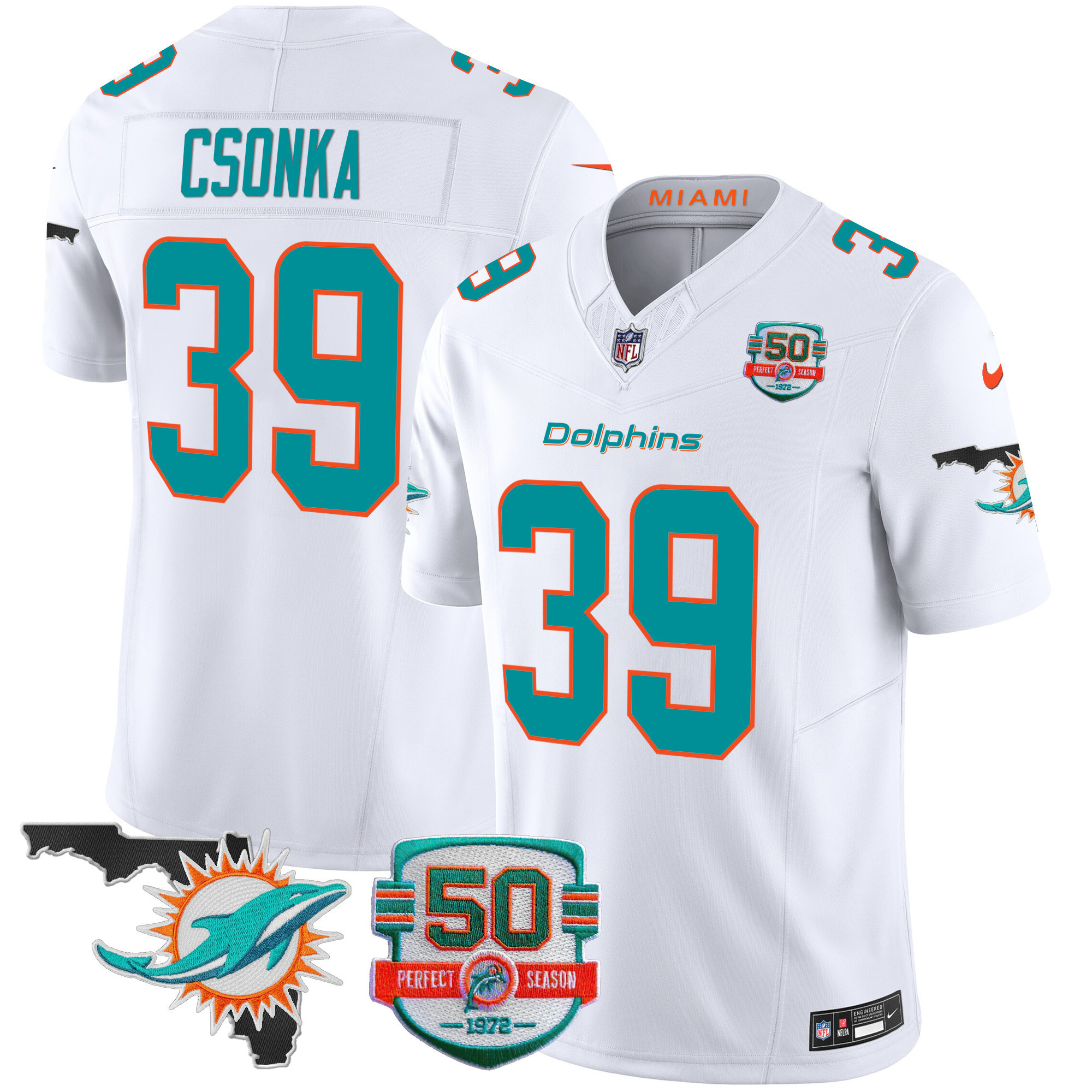 Larry Csonka Men's Miami Dolphins 50th Perfect Season & Florida Patch Vapor White Jersey - All Stitched