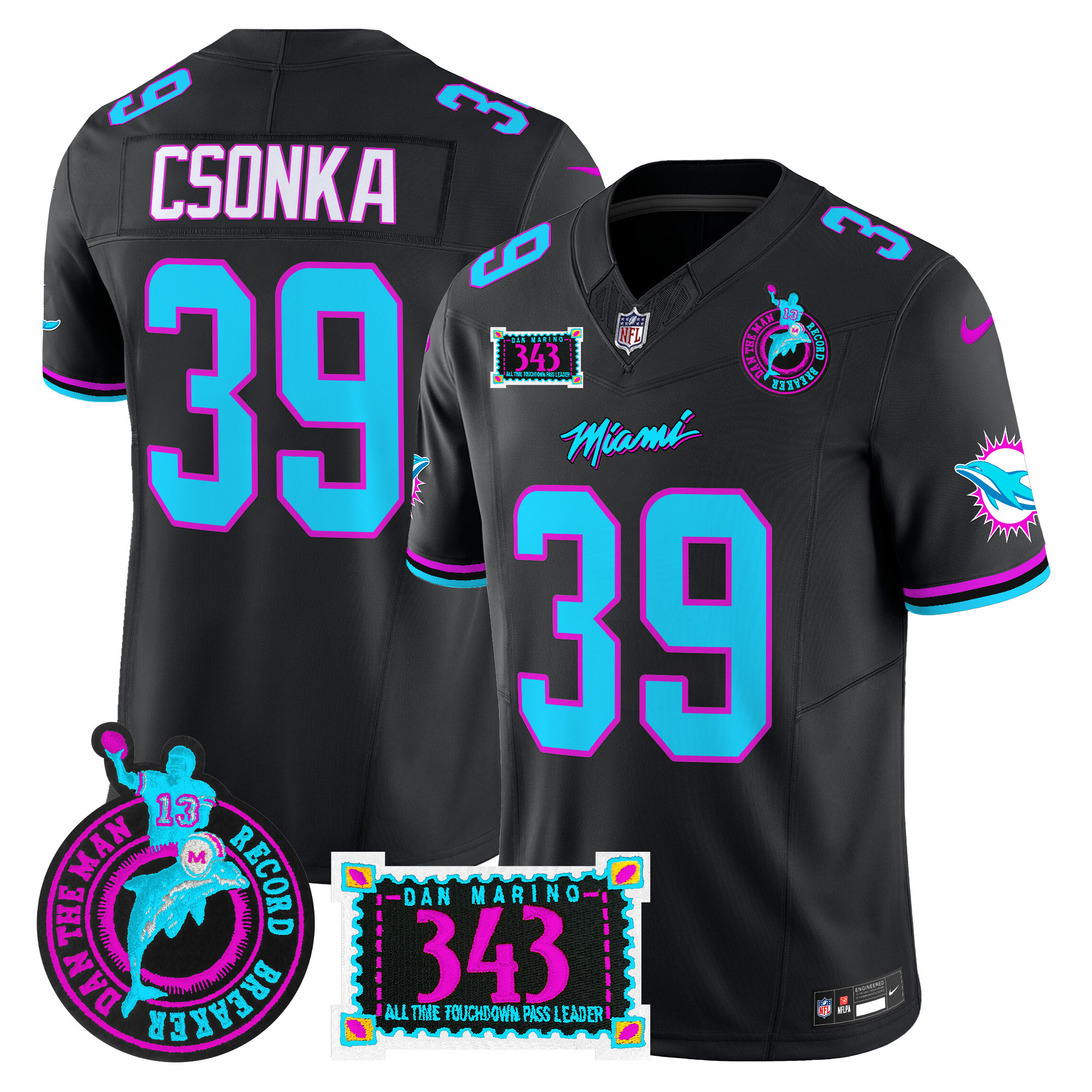 Larry Csonka Men's Miami Dolphins "Dan the Man Record Breaker" Patch Vapor Limited Black Jersey - All Stitched