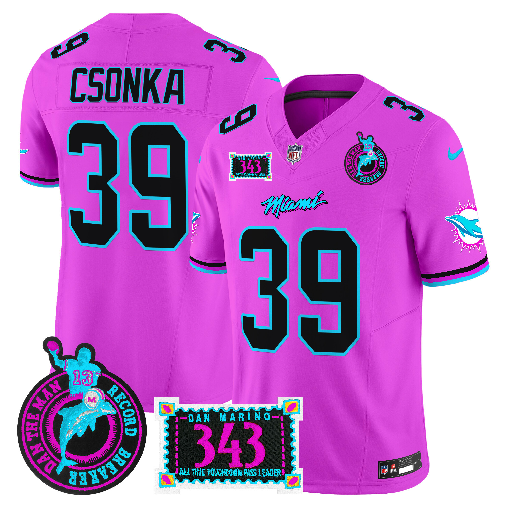 Larry Csonka Men's Miami Dolphins "Dan the Man Record Breaker" Patch Vapor Limited Pink Jersey - All Stitched