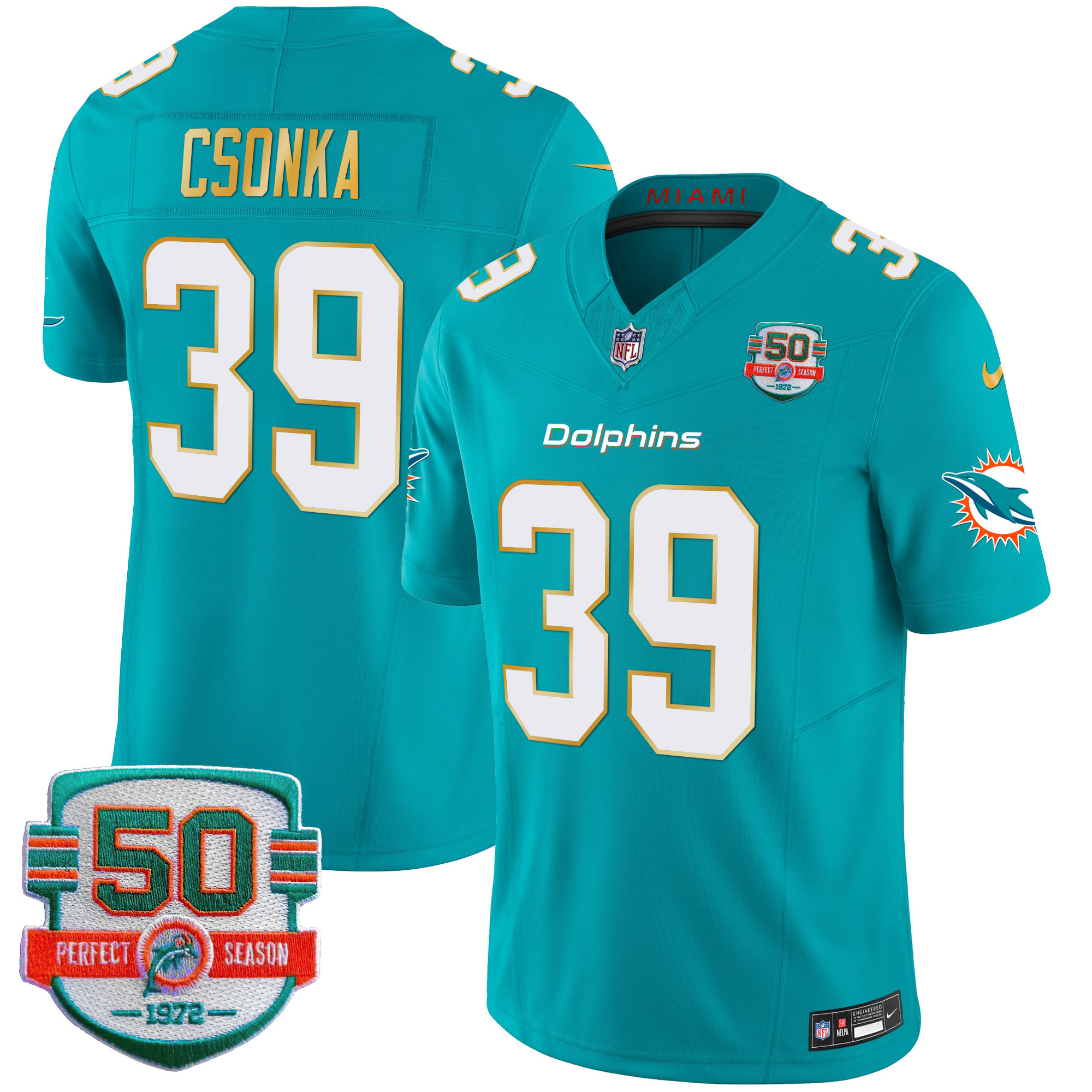 Larry Csonka Men's Miami Dolphins Gold Trim Vapor Limited Aqua Jersey - All Stitched