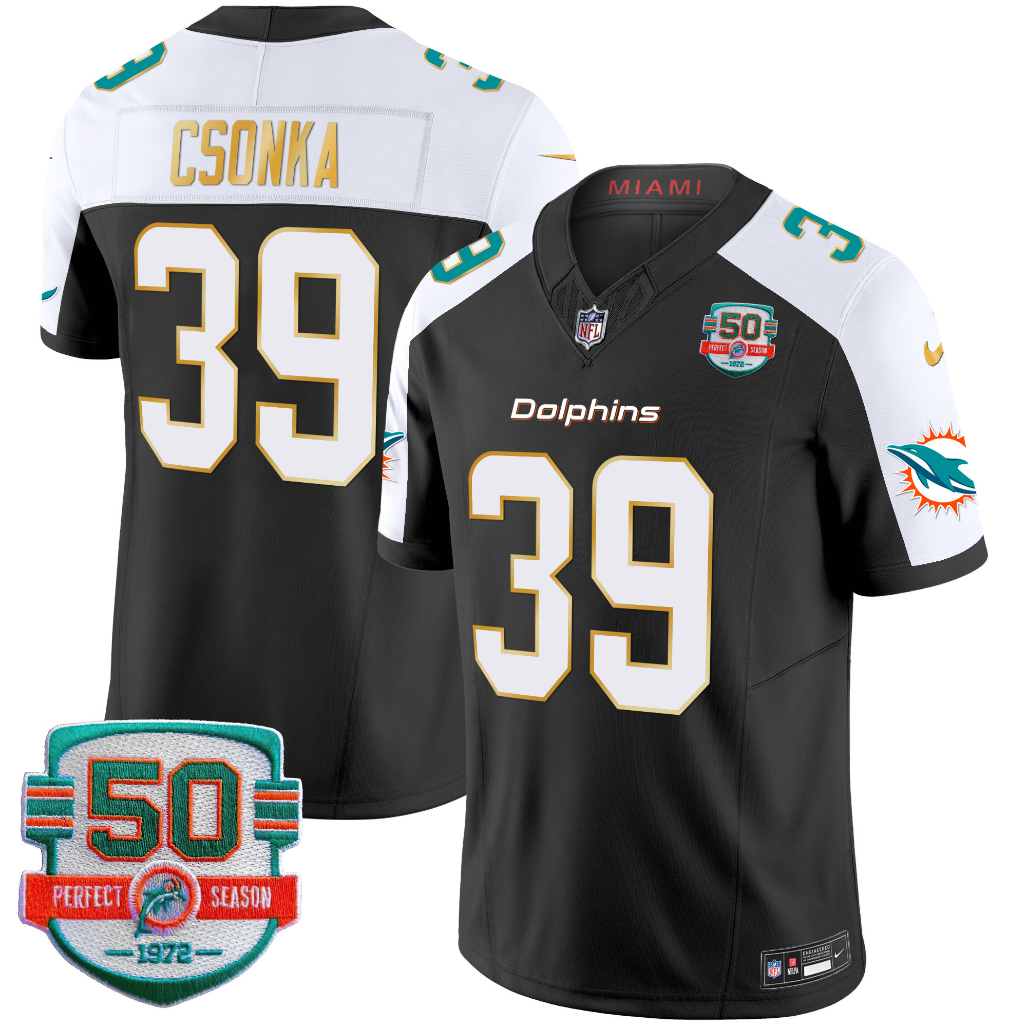 Larry Csonka Men's Miami Dolphins Gold Trim Vapor Limited Black Alternate Jersey - All Stitched