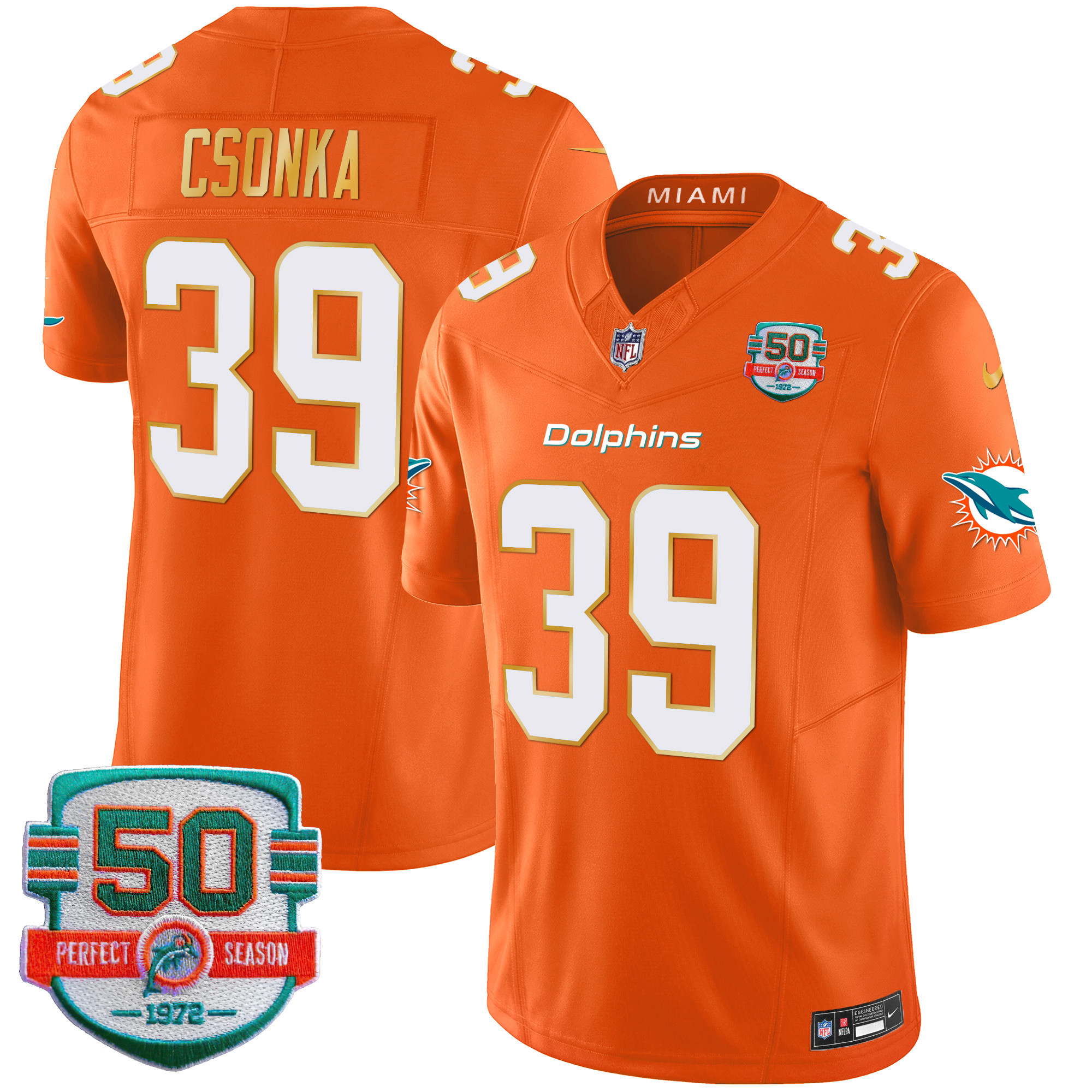 Larry Csonka Men's Miami Dolphins Gold Trim Vapor Limited Orange Jersey - All Stitched