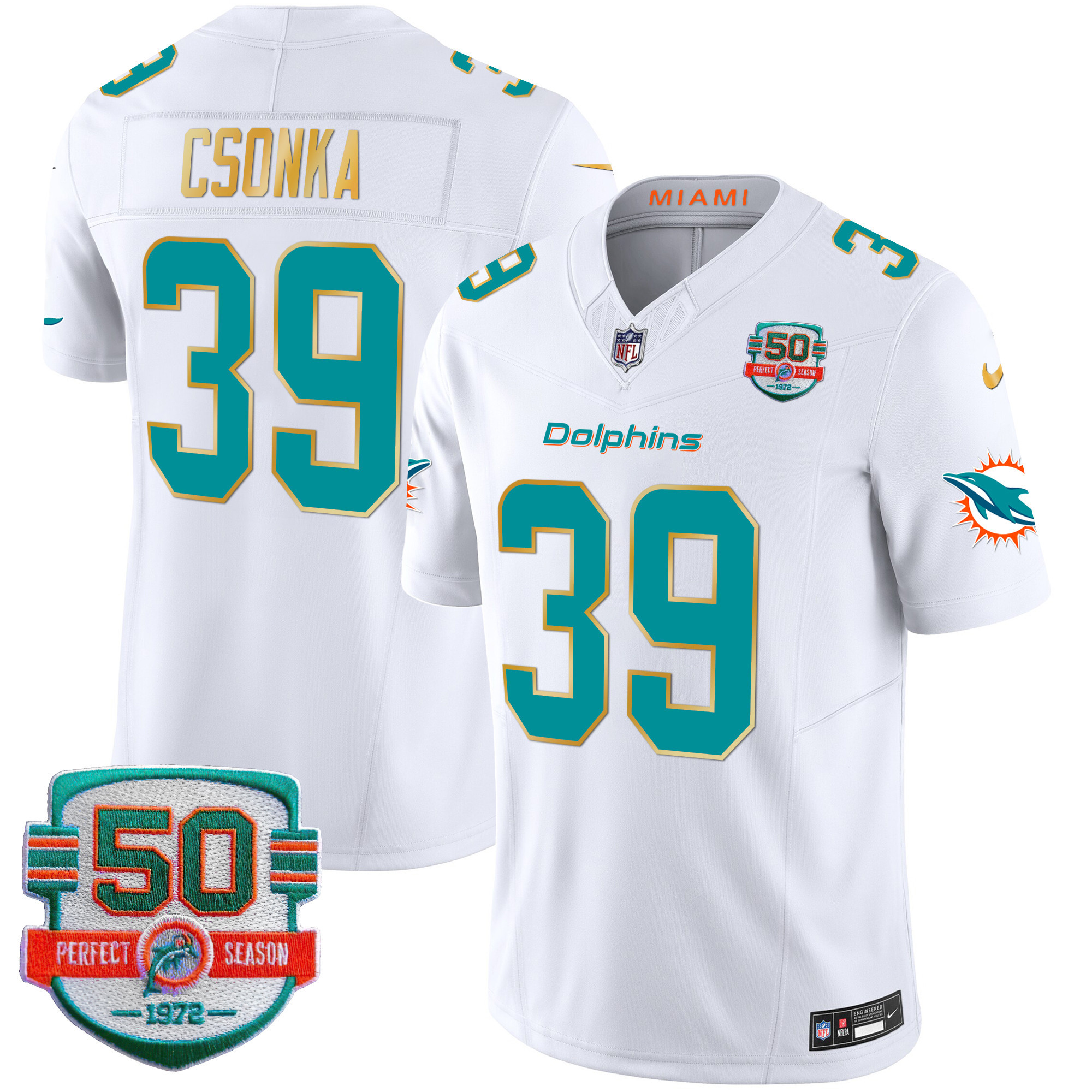 Larry Csonka Men's Miami Dolphins Gold Trim Vapor Limited White Jersey - All Stitched