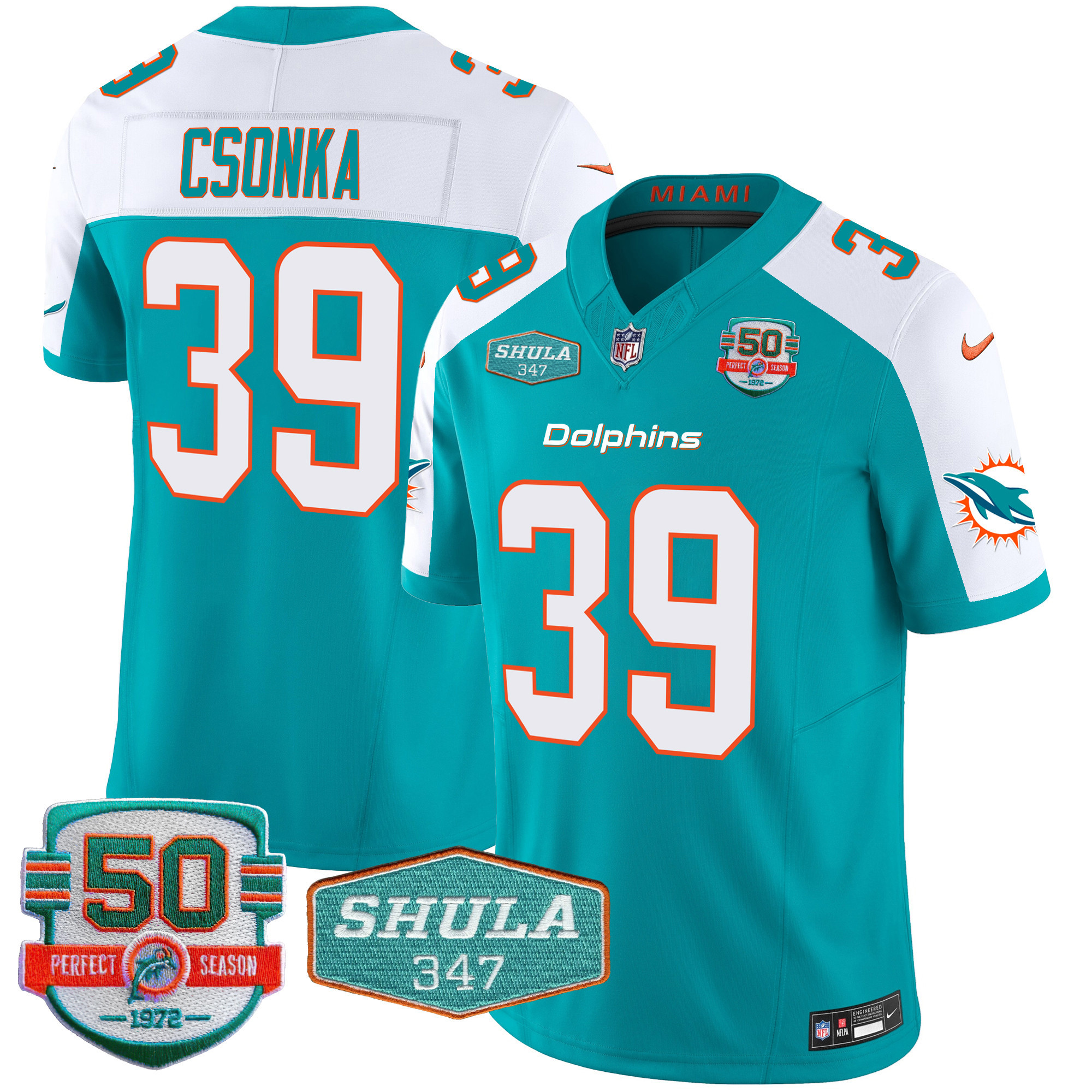 Larry Csonka Men's Miami Dolphins Shula 347 Patch Vapor Aqua Alternate Jersey - All Stitched