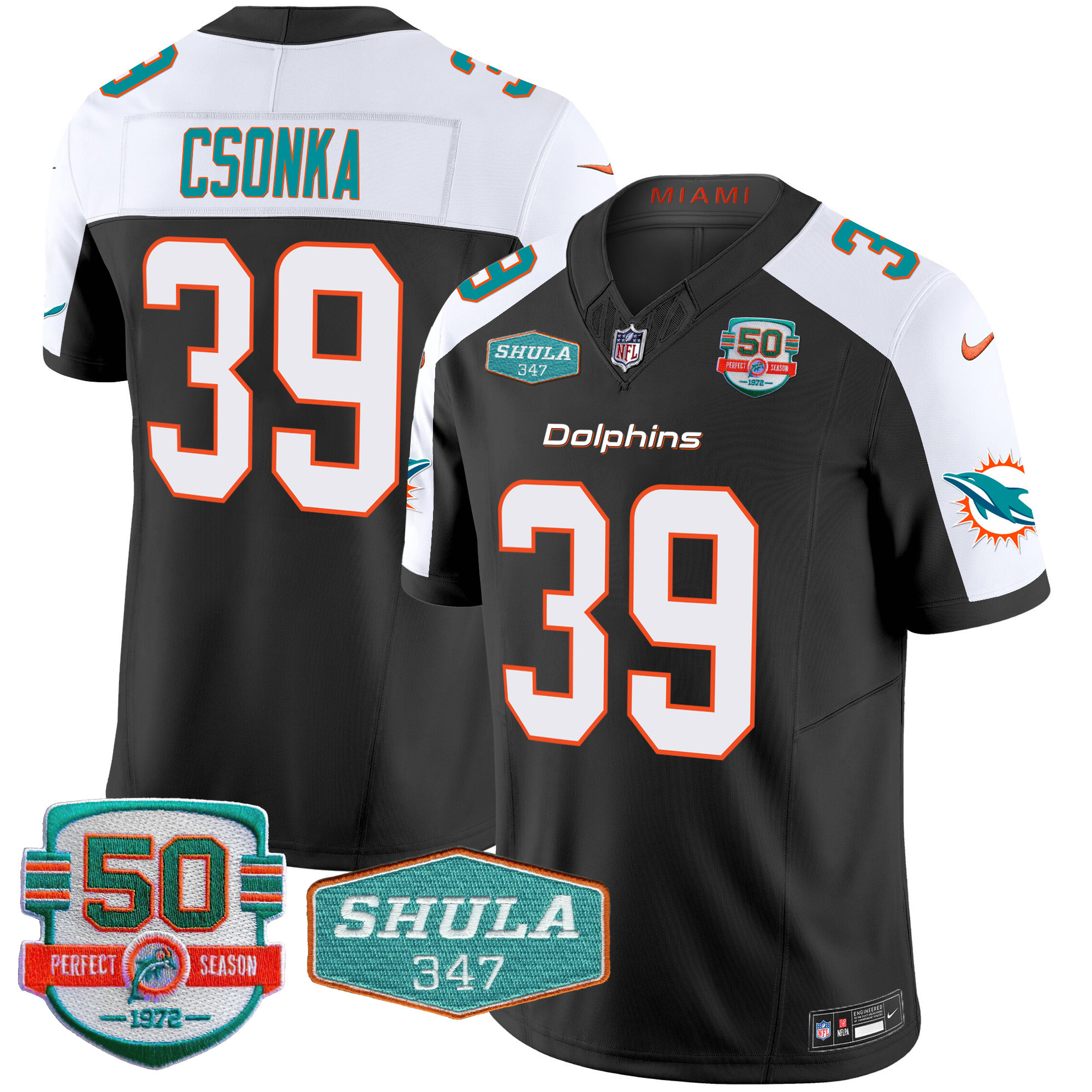 Larry Csonka Men's Miami Dolphins Shula 347 Patch Vapor Black Alternate Jersey - All Stitched