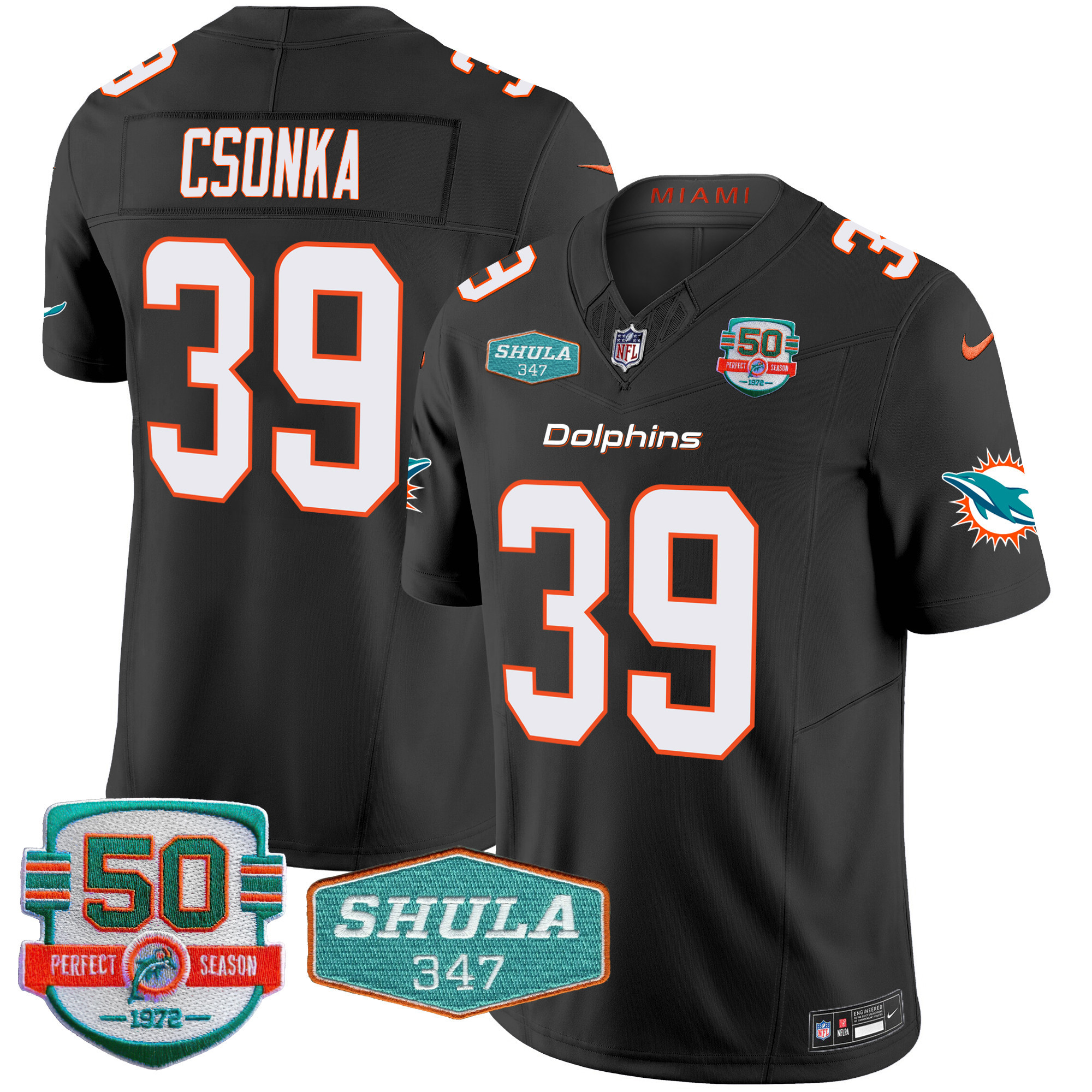 Larry Csonka Men's Miami Dolphins Shula 347 Patch Vapor Black Jersey - All Stitched