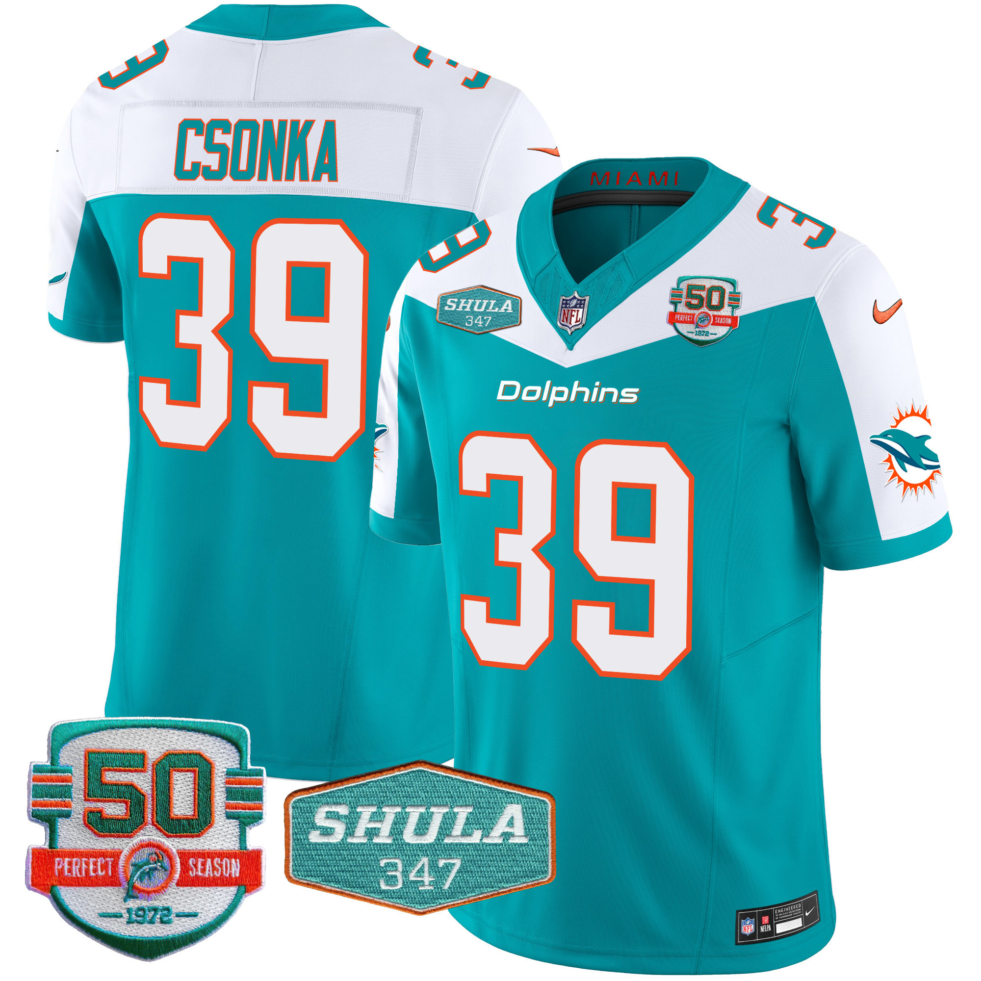 Larry Csonka Men's Miami Dolphins Shula 347 Patch Vapor Limited Aqua Alternate Jersey - All Stitched